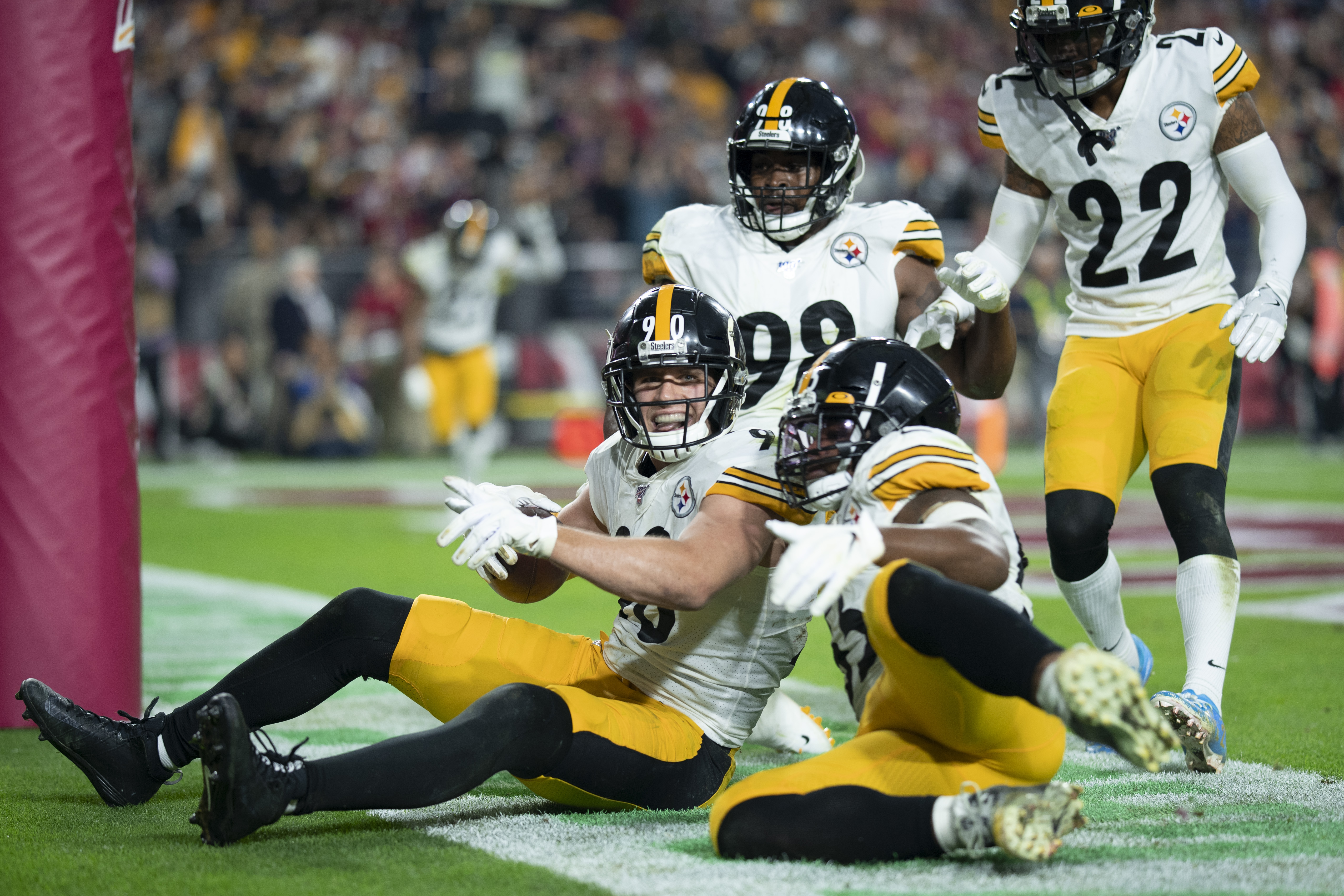 Outside linebacker T.J. Watt of the Pittsburgh Steelers celebrates with teammates