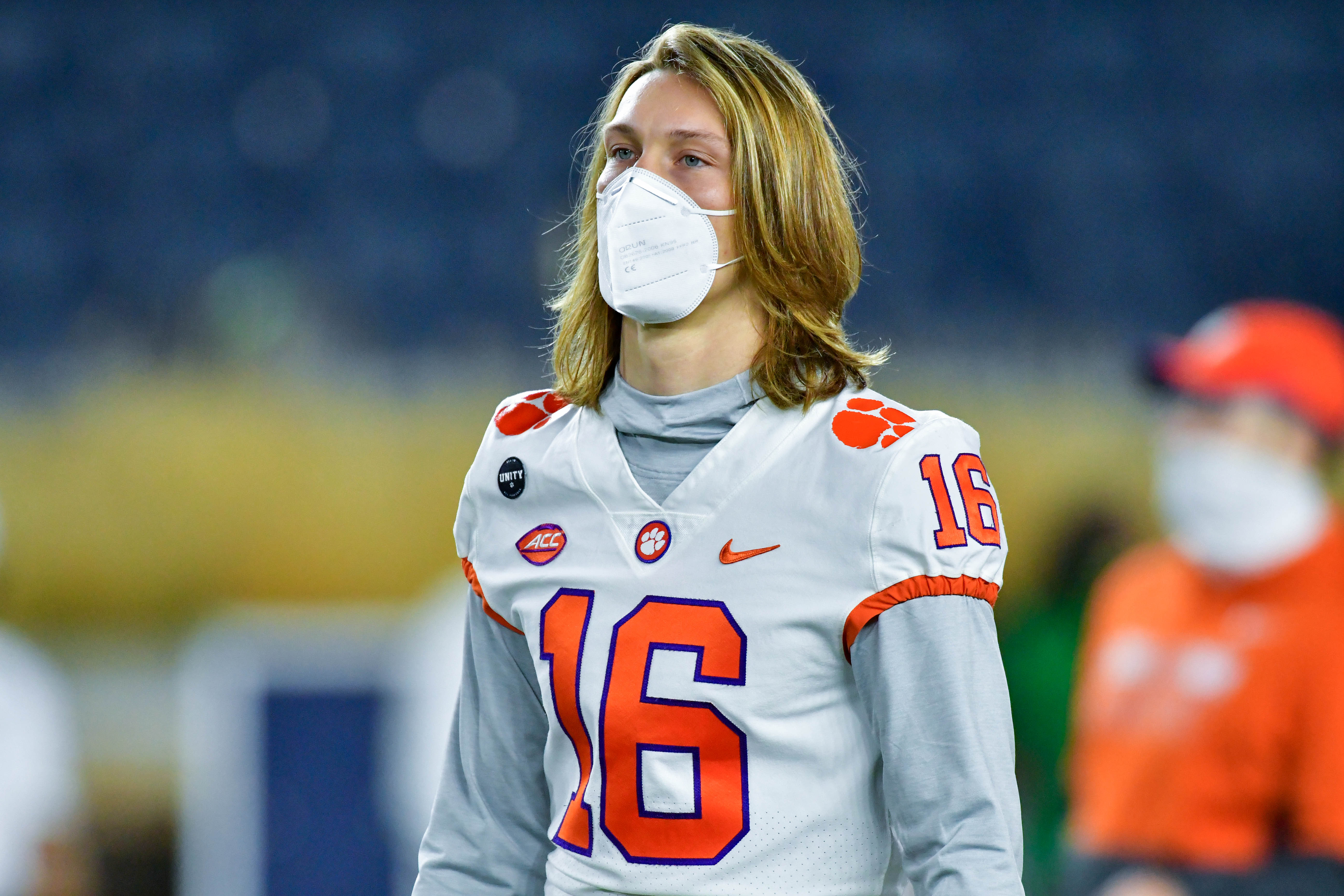 Quarterback Trevor Lawrence of the Clemson Tigers watches warmups