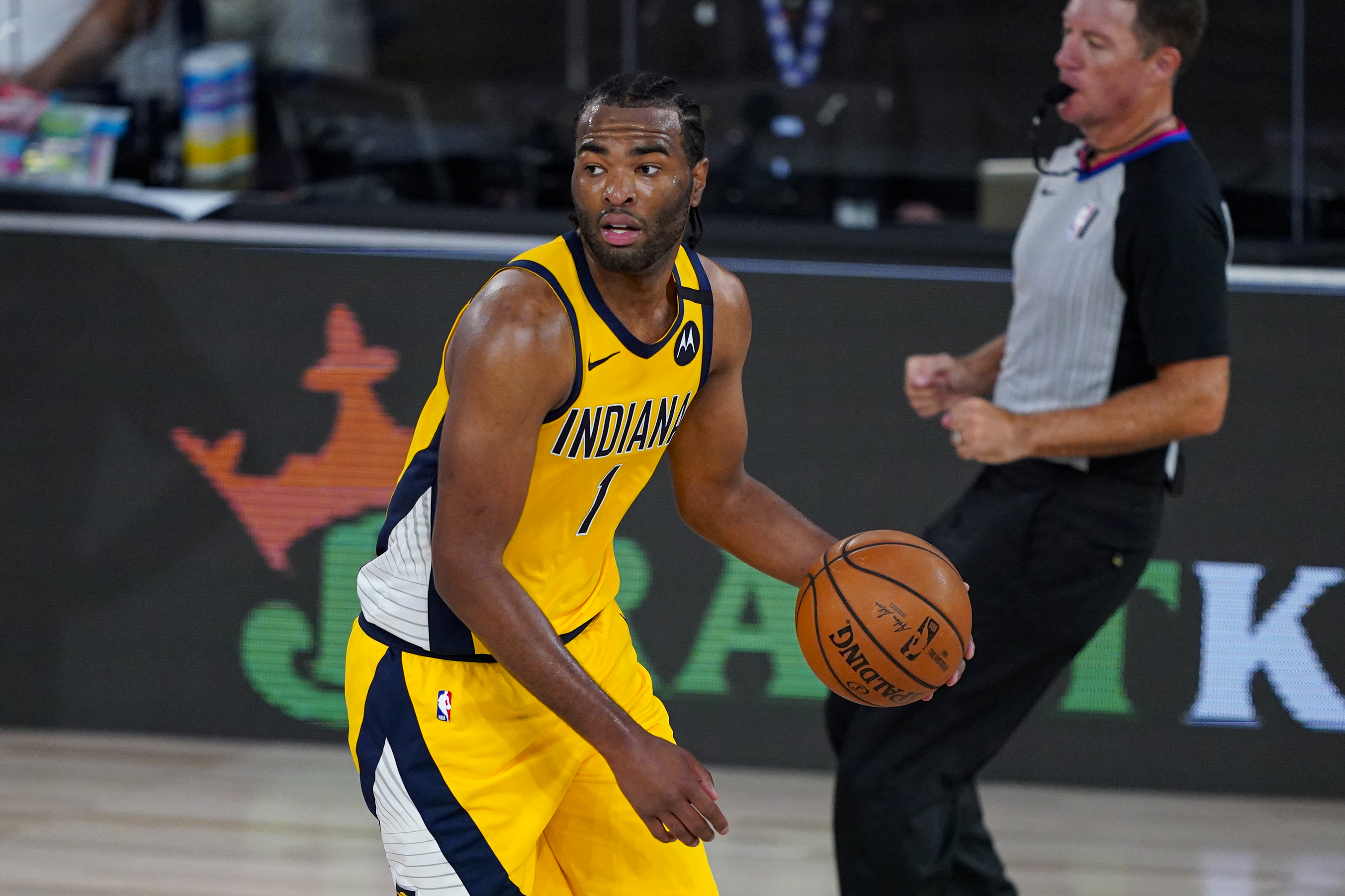 T.J. Warren of the Indiana Pacers controls the ball