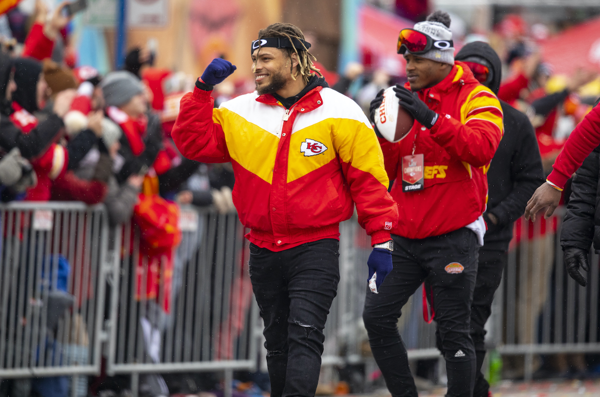 Tyrann Mathieu of the Kansas City Chiefs walks the Super Bowl LIV parade route
