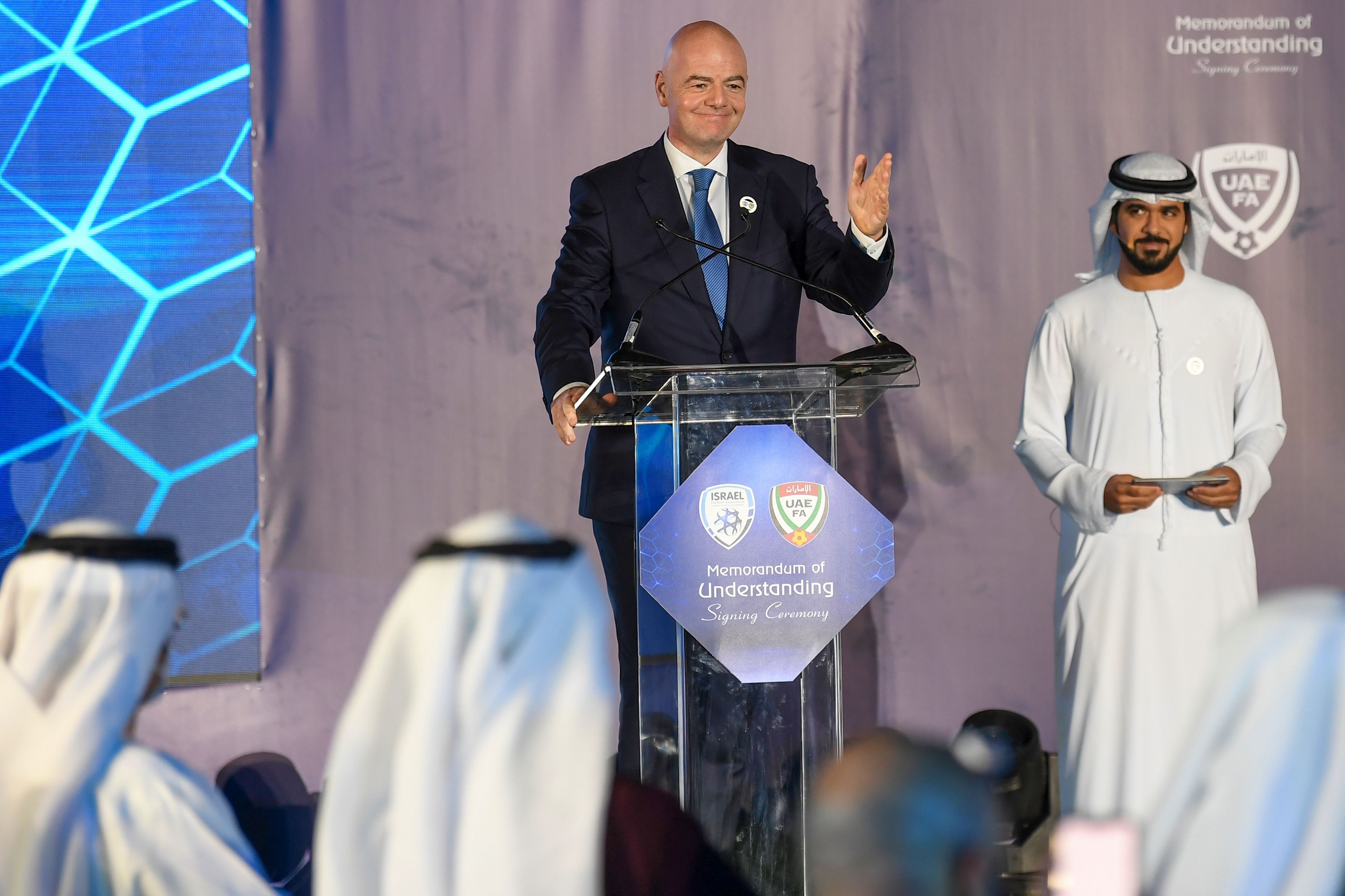 FIFA President Gianni Infantino speaks during the signing ceremony of a memorandum of understanding between the Israeli Football Association and the UAE Football Association