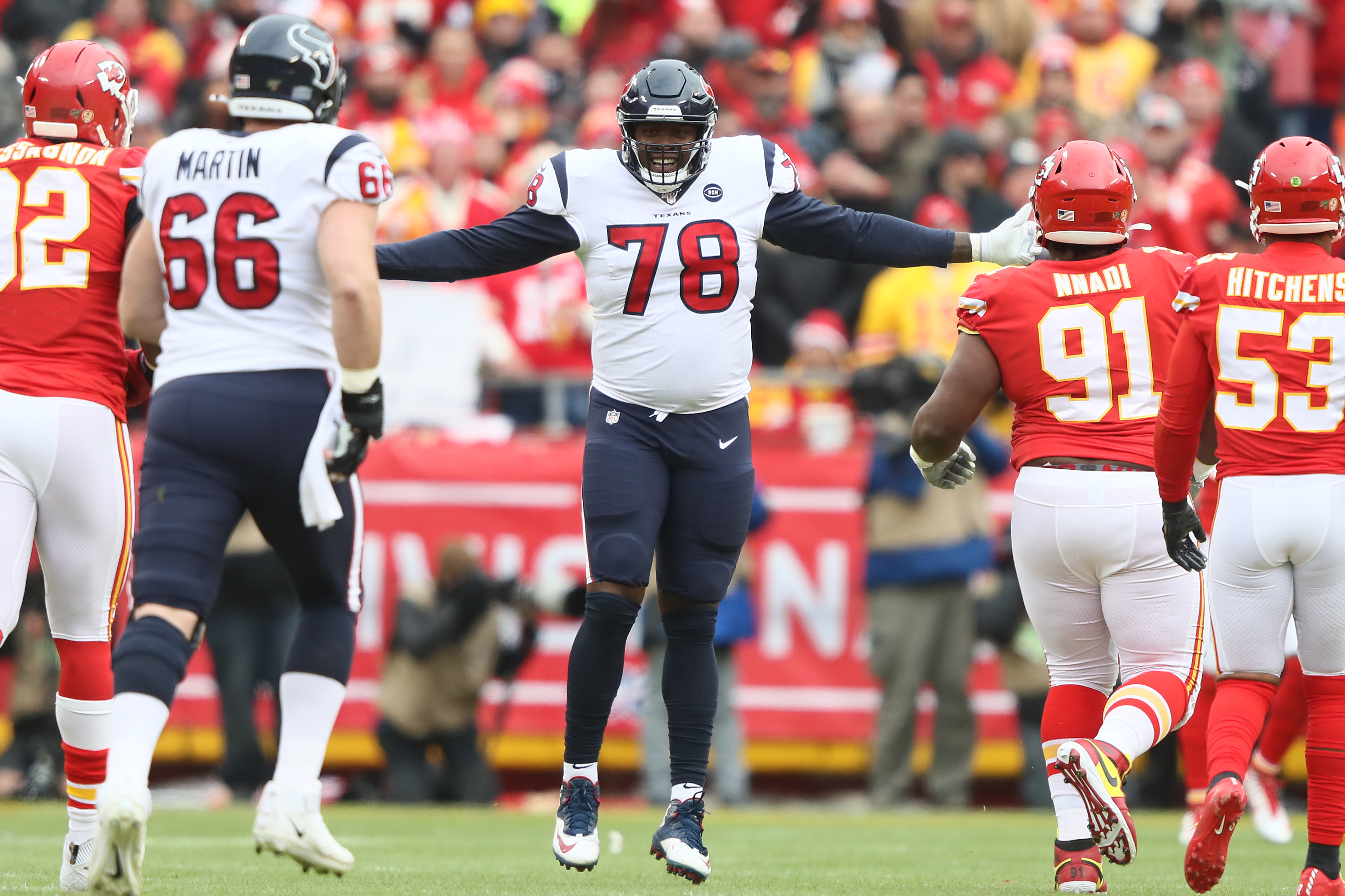 Laremy Tunsil of the Houston Texans celebrates a 54-yard touchdown reception