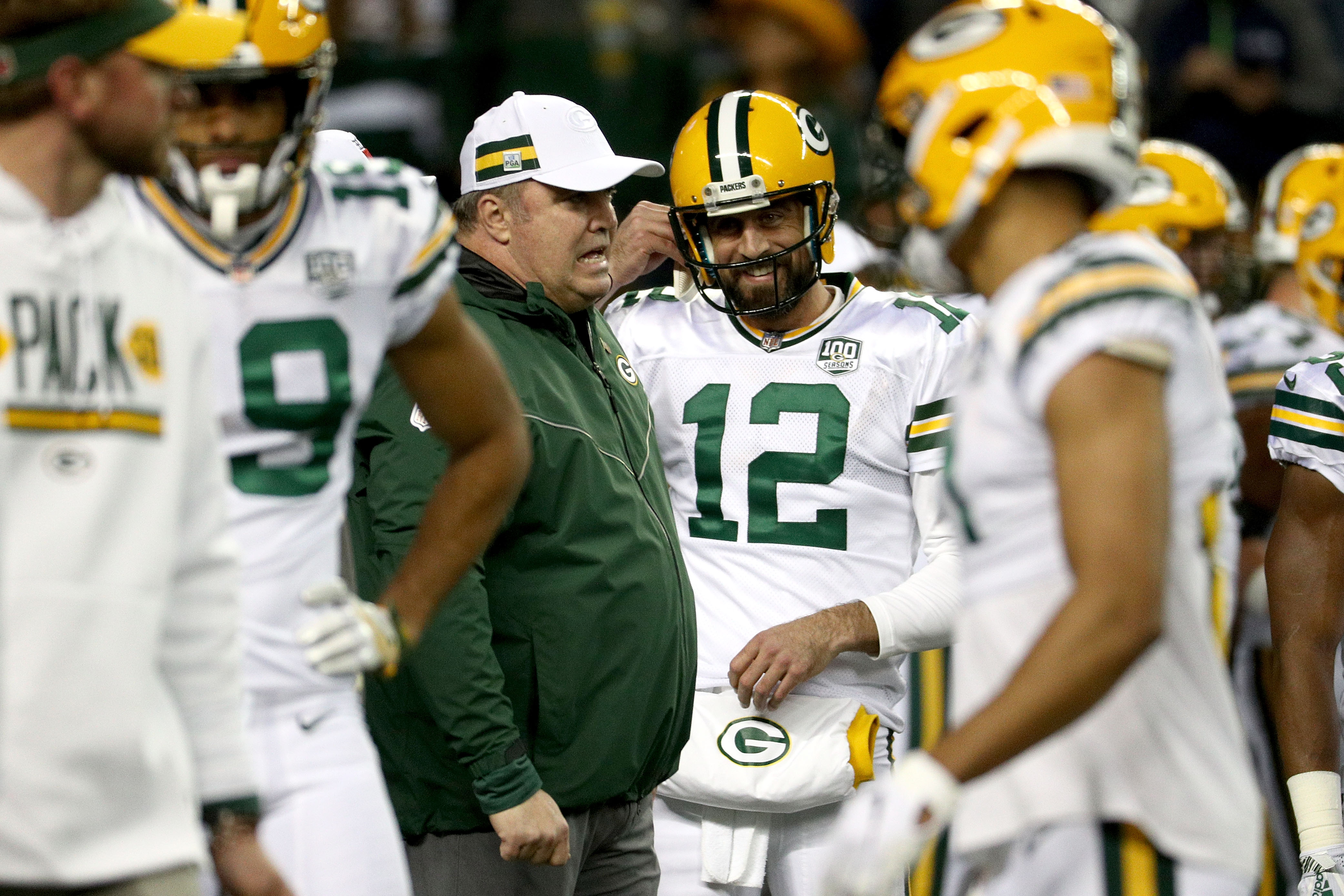 Head Coach Mike McCarthy of the Green Bay Packers and Aaron Rodgers in 2018