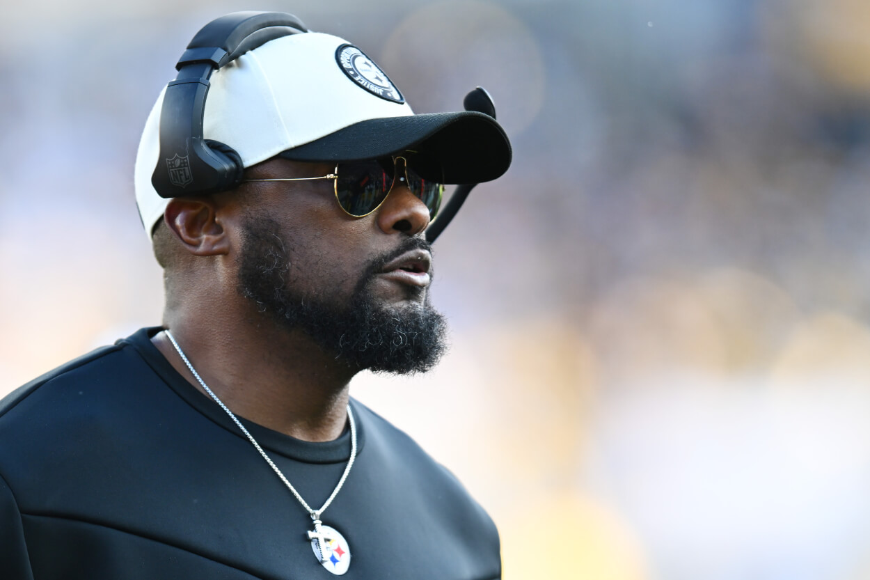 Head coach Mike Tomlin of the Pittsburgh Steelers looks on during the first half of the game against the Cleveland Browns.