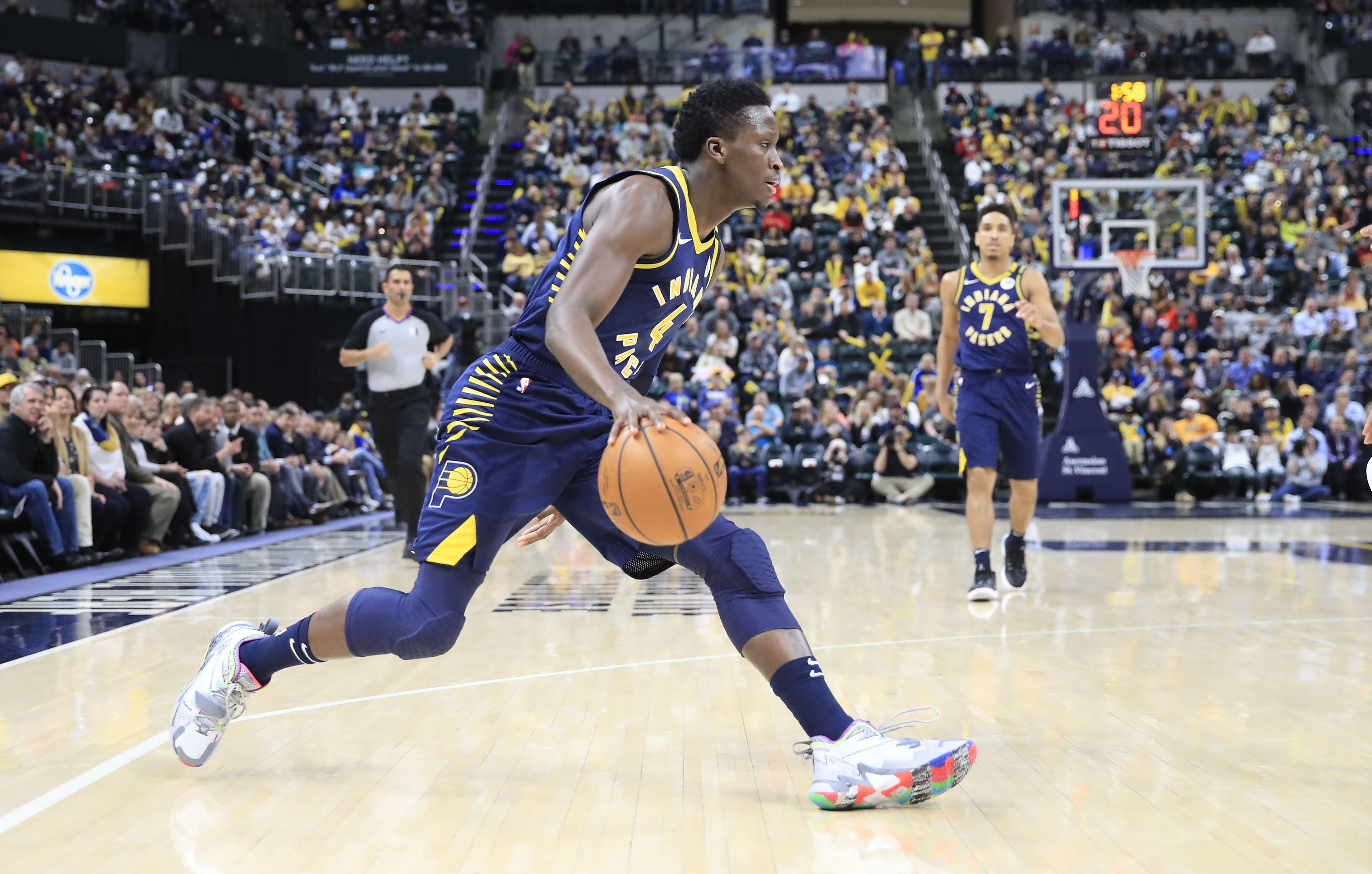 Victor Oladipo of the Indiana Pacers dribbles the ball