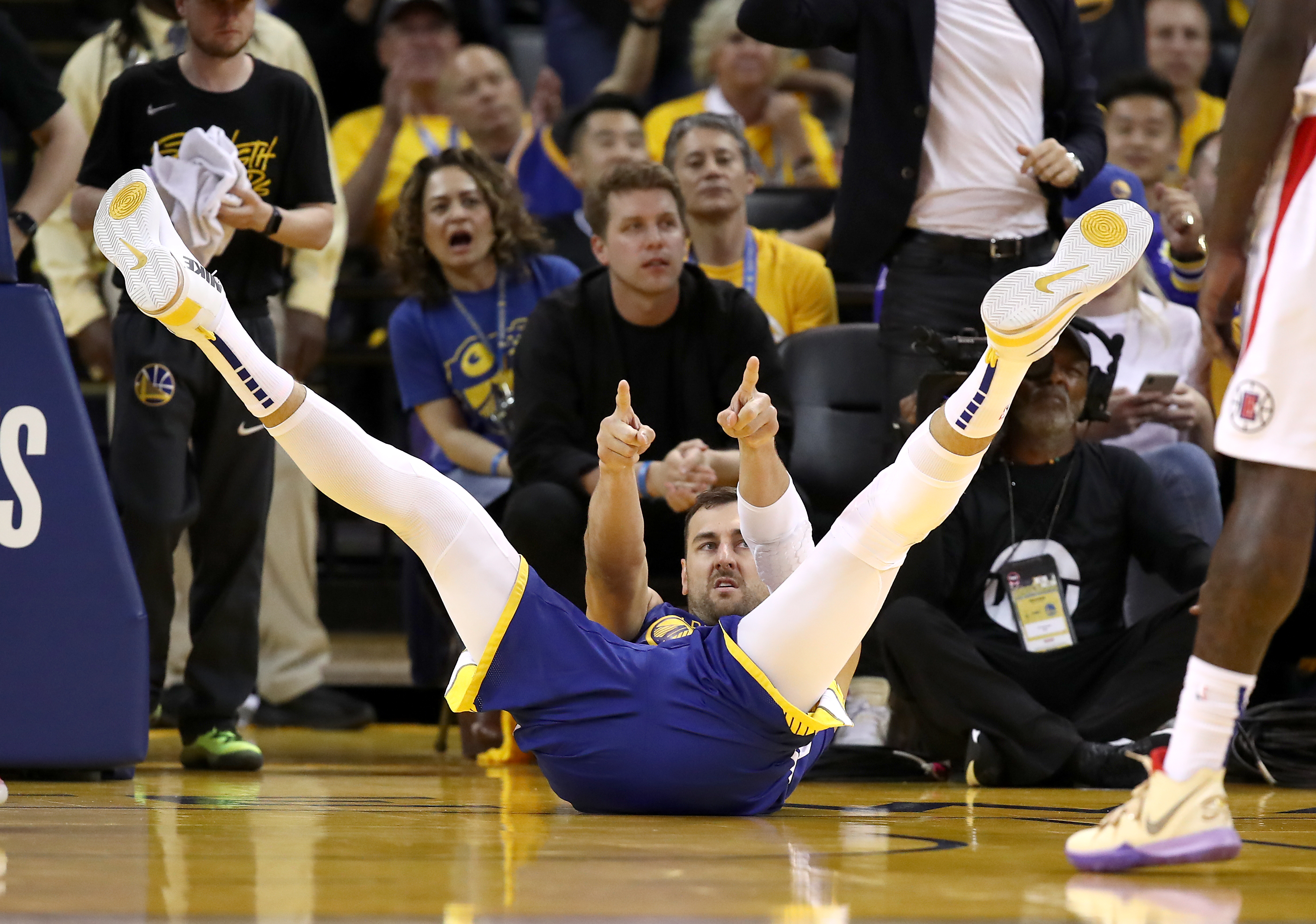 Andrew Bogut of the Golden State Warriors reacts during a game