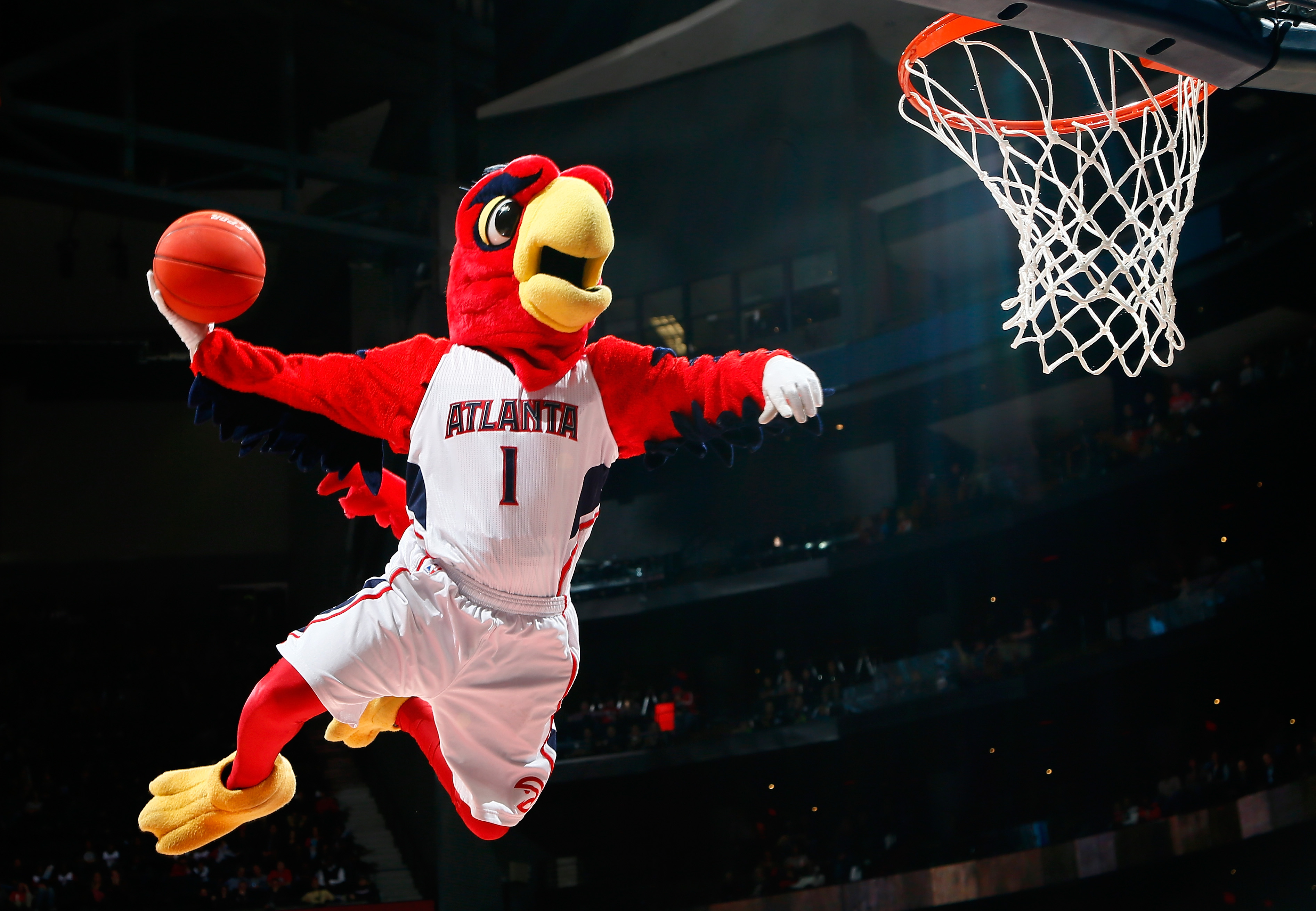 The mascot for the Atlanta Hawks goes up for a durnk