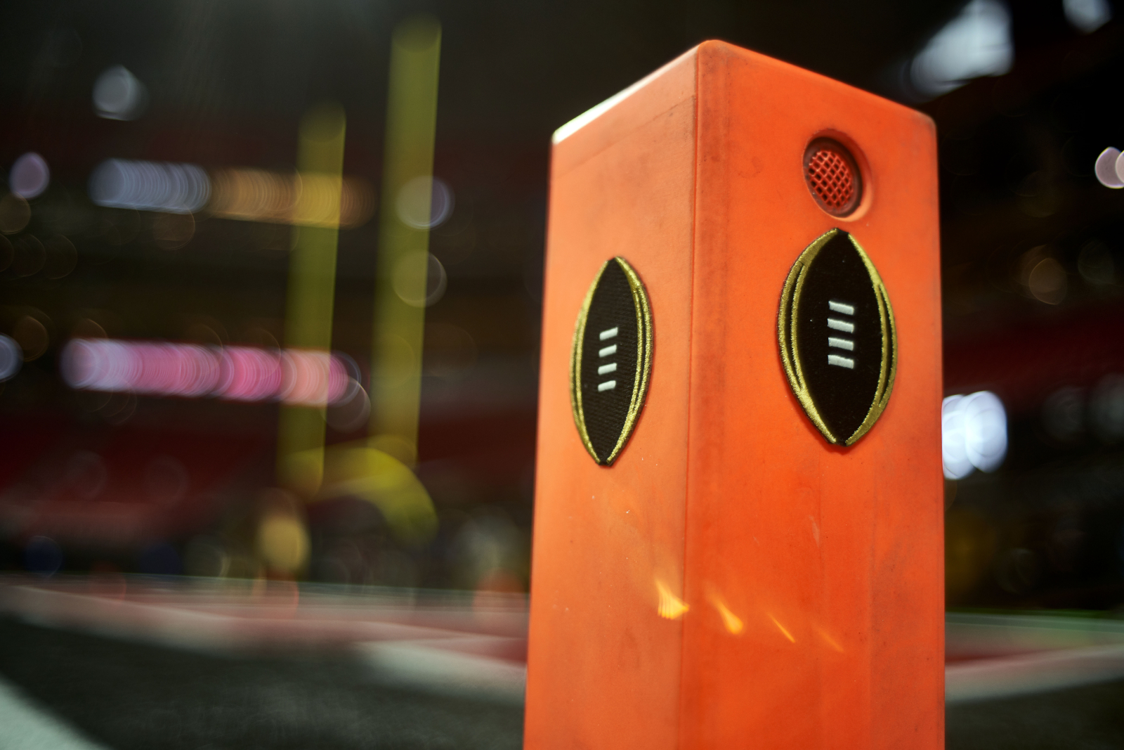 A detailed view of the CFP logo is seen on a Pylon during the CFP National Championship