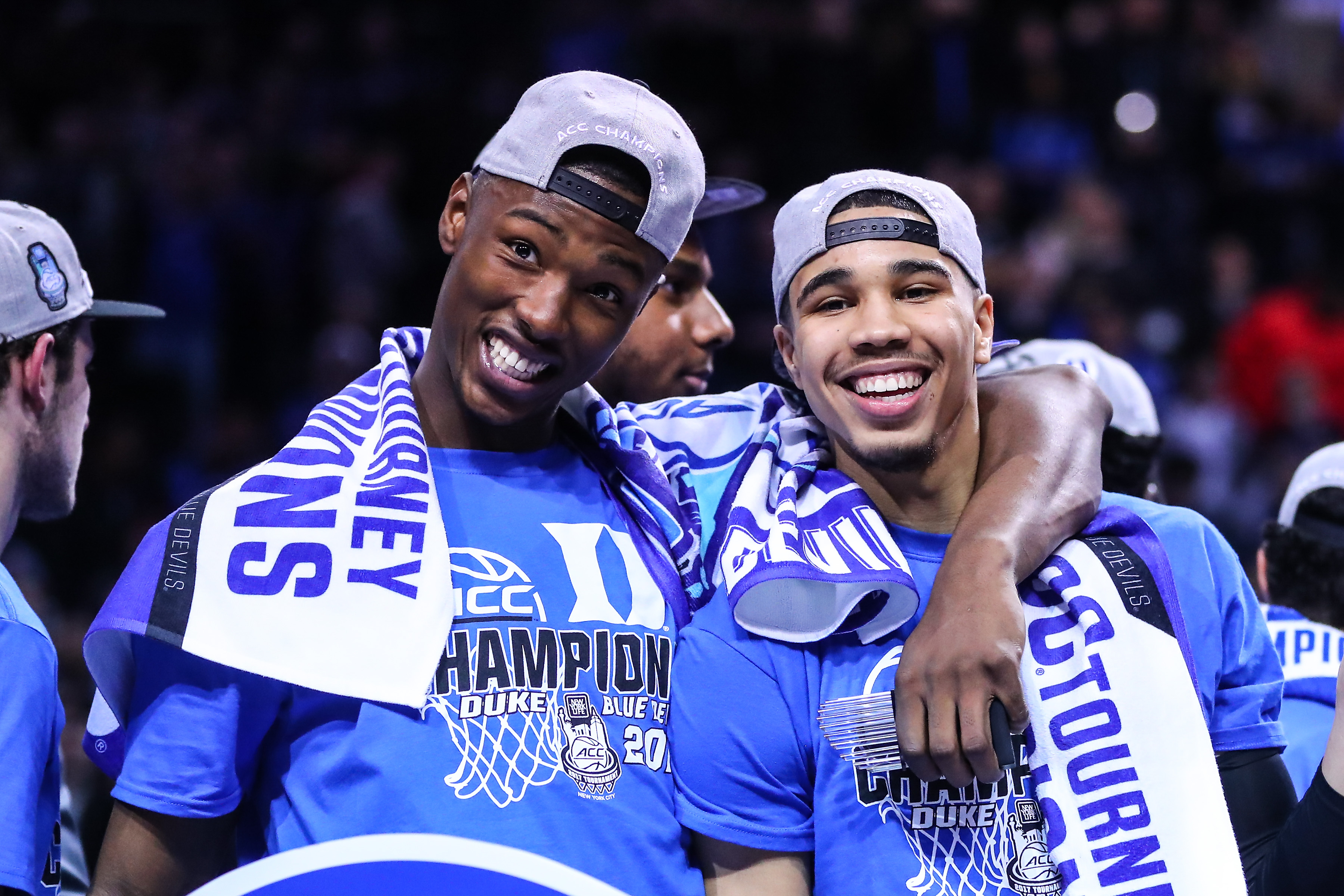 Duke Blue Devils' Harry Giles and Jayson Tatum smile after winning the 2017 NCAA championship