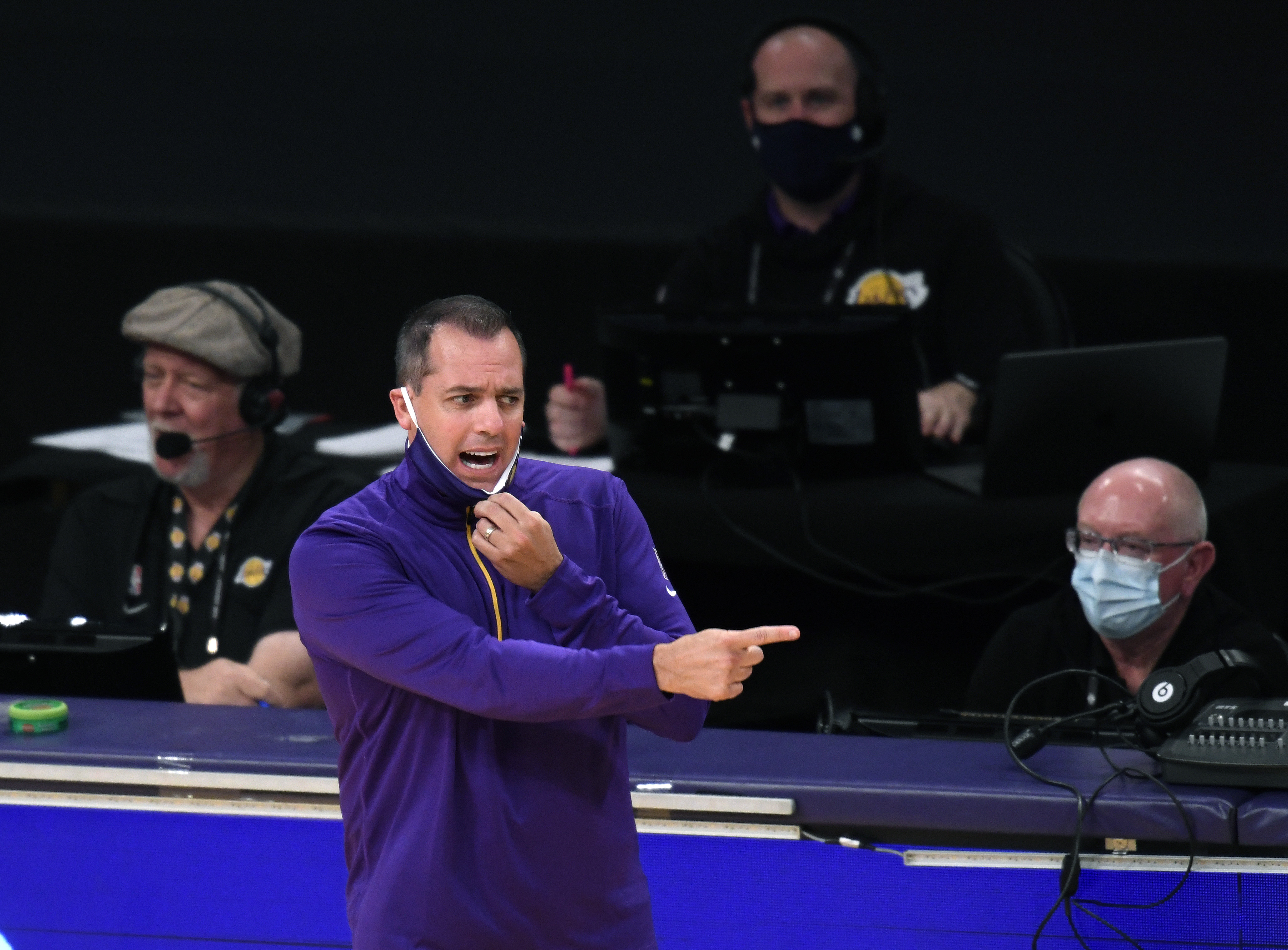 Head coach Frank Vogel of the Los Angeles Lakers reacts from the sidelines