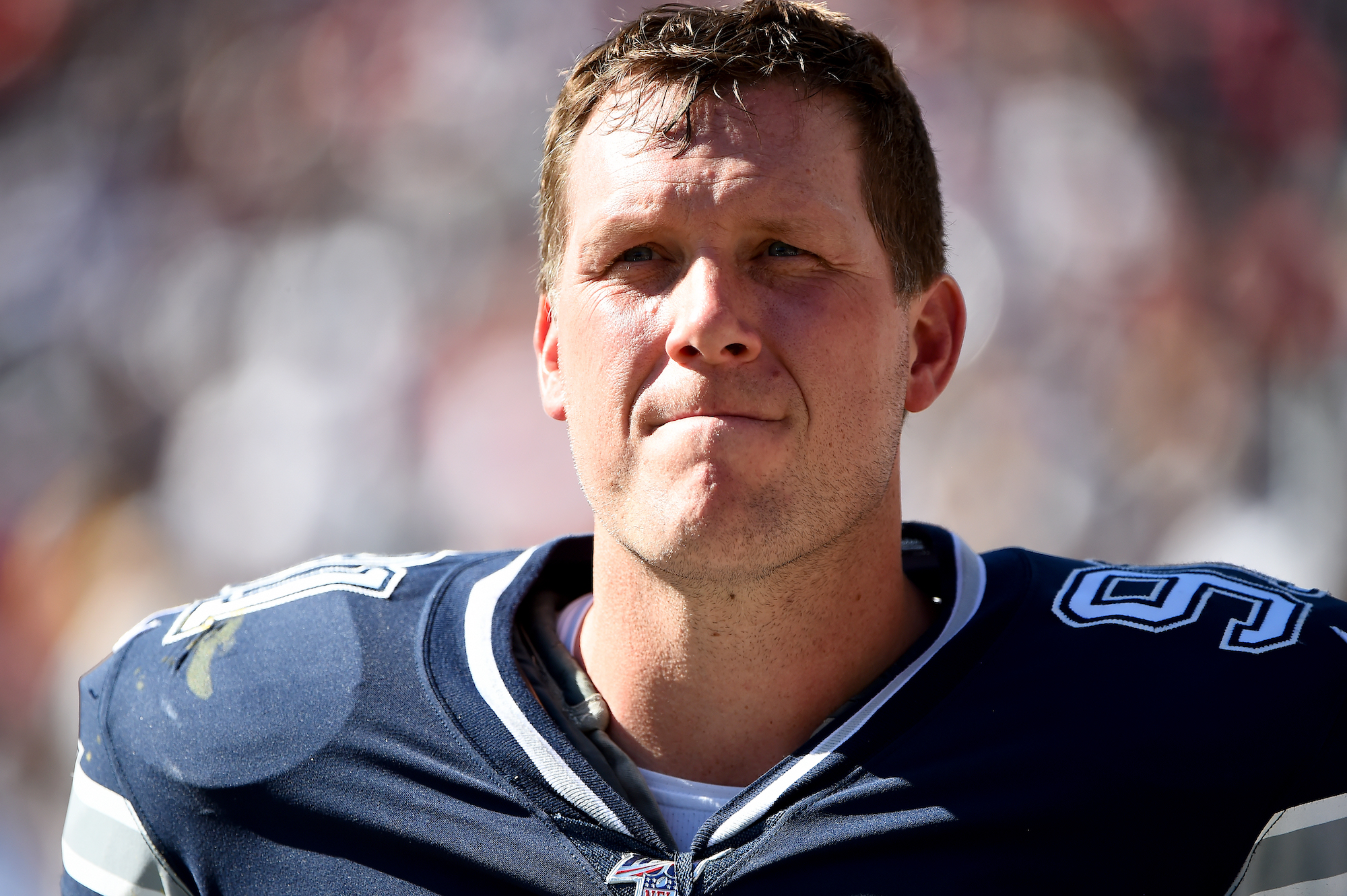 L.P. Ladouceur, #91 of the Dallas Cowboys, looks on from the sideline during the second half against the Washington Redskins at FedEx Field on September 15, 2019, in Landover, Maryland.