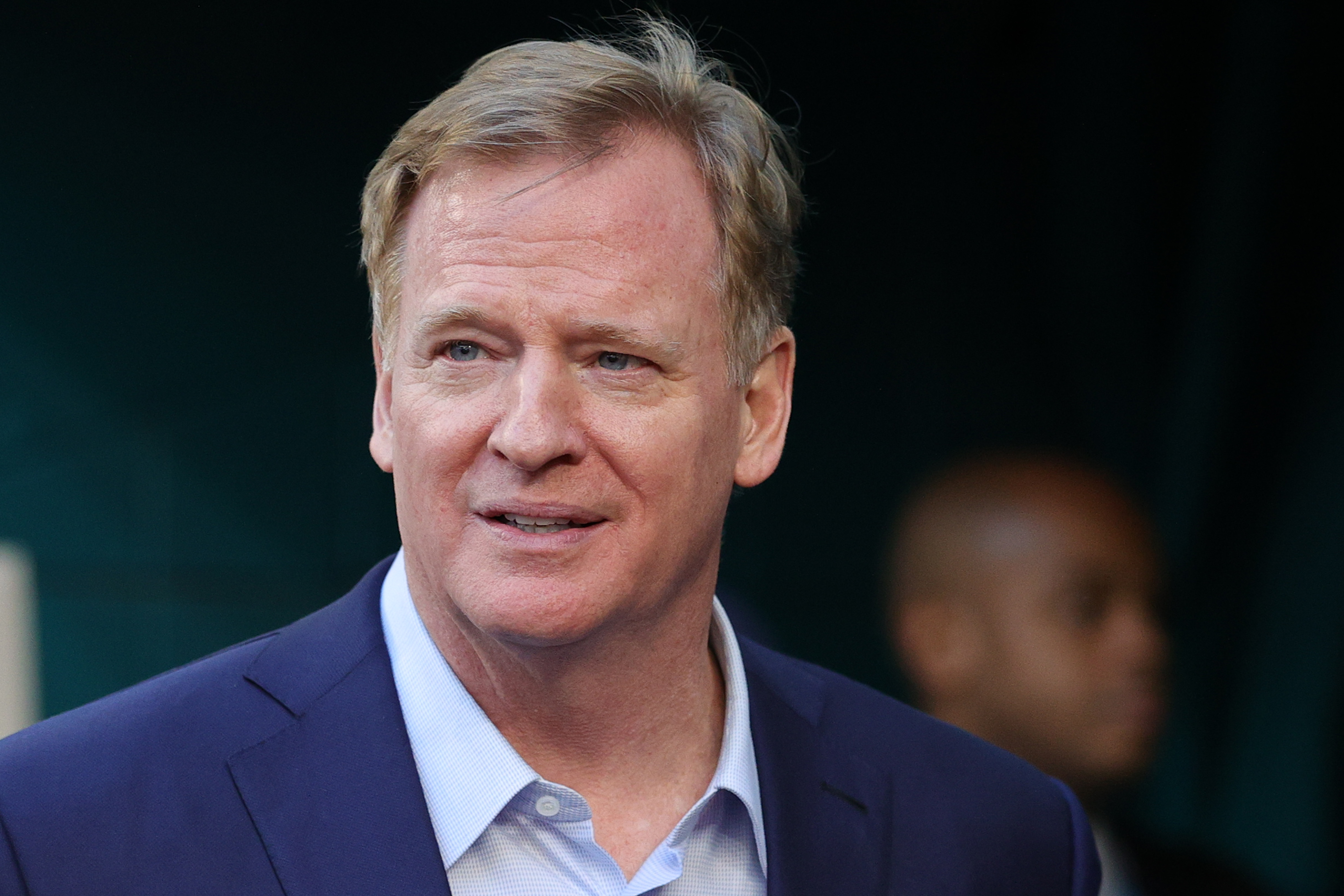 NFL Commissioner Roger Goodell looks on before Super Bowl LIV