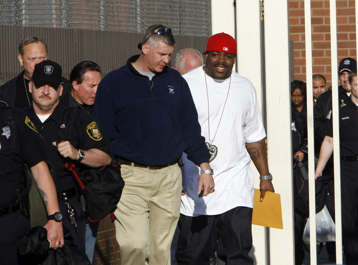 The Chicago Bears' Tank Johnson (right) is released from Cook County Jail in Chicago, Illinois, on Sunday, May 13, 2007, after serving time for a probation violation stemming from weapons charges.