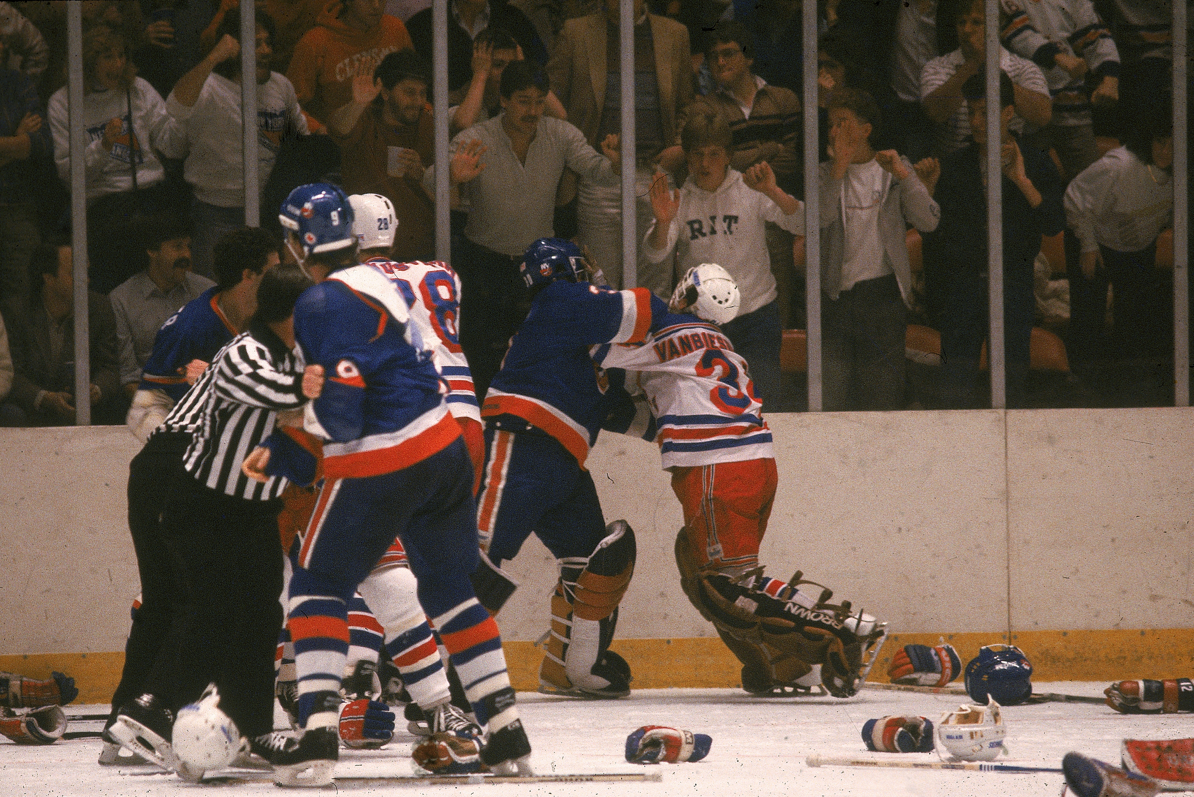Islanders goalie Kelly Hrudey (2d from right), fights with Rangers goalie John Vanbiesbrouck in 1980