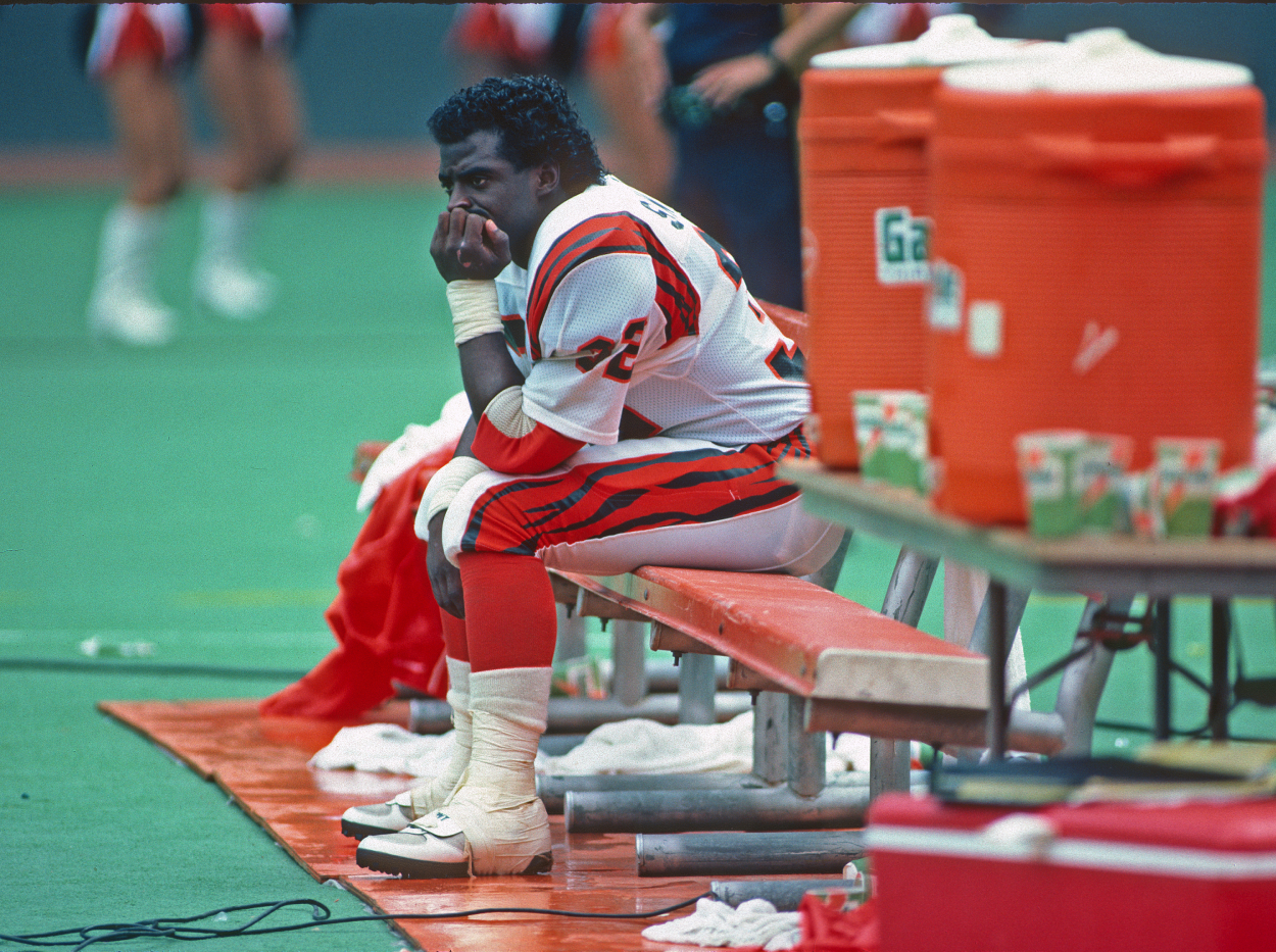 Stanley Wilson sits on the bench during a Bengals game
