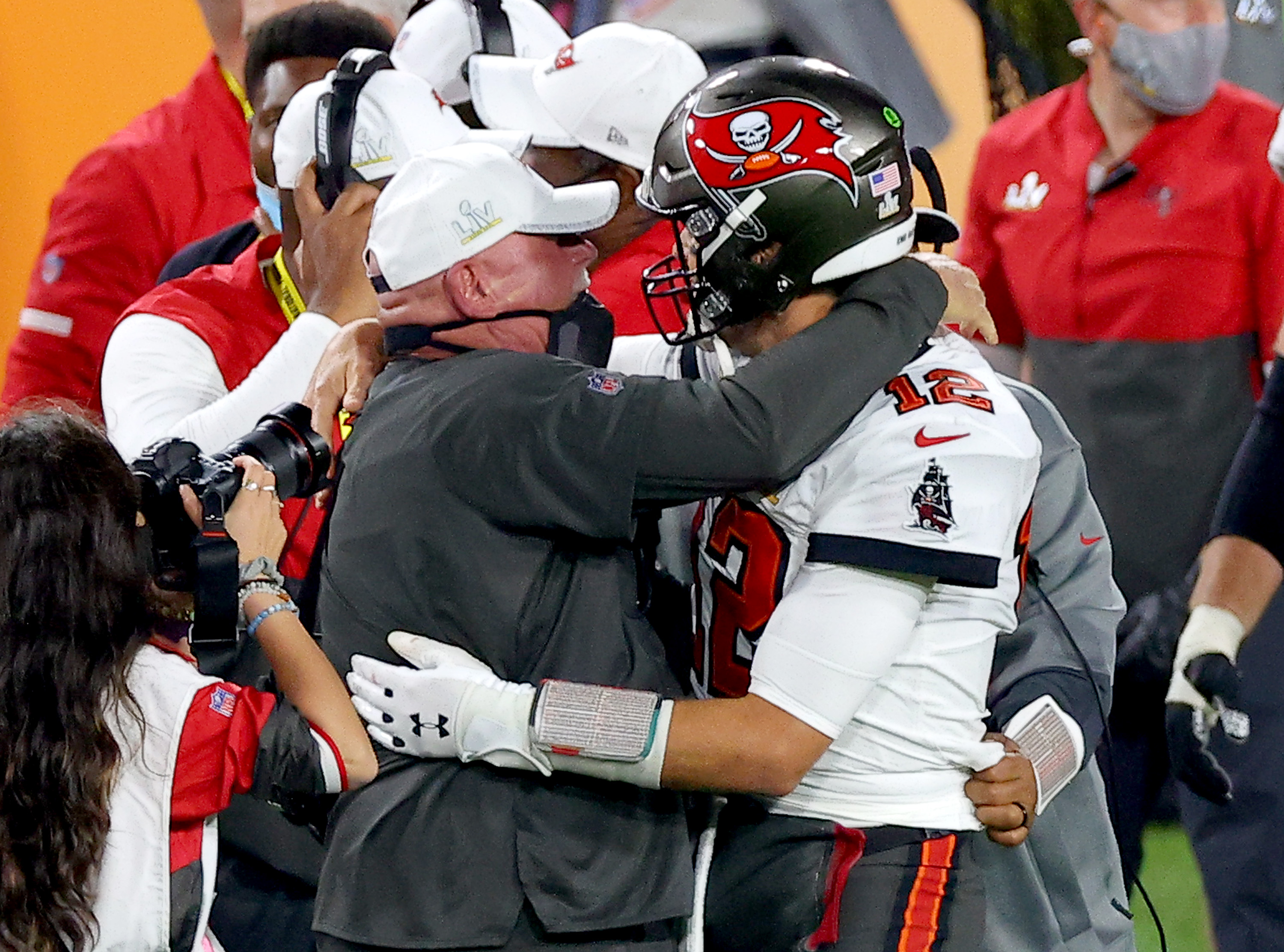 Tom Brady and Bruce Arians celebrate after winning the Super Bowl
