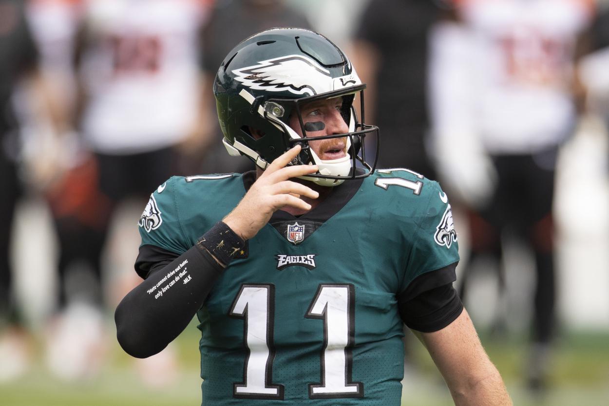 Eagles quarterback Carson Wentz looks on against the Bengals.