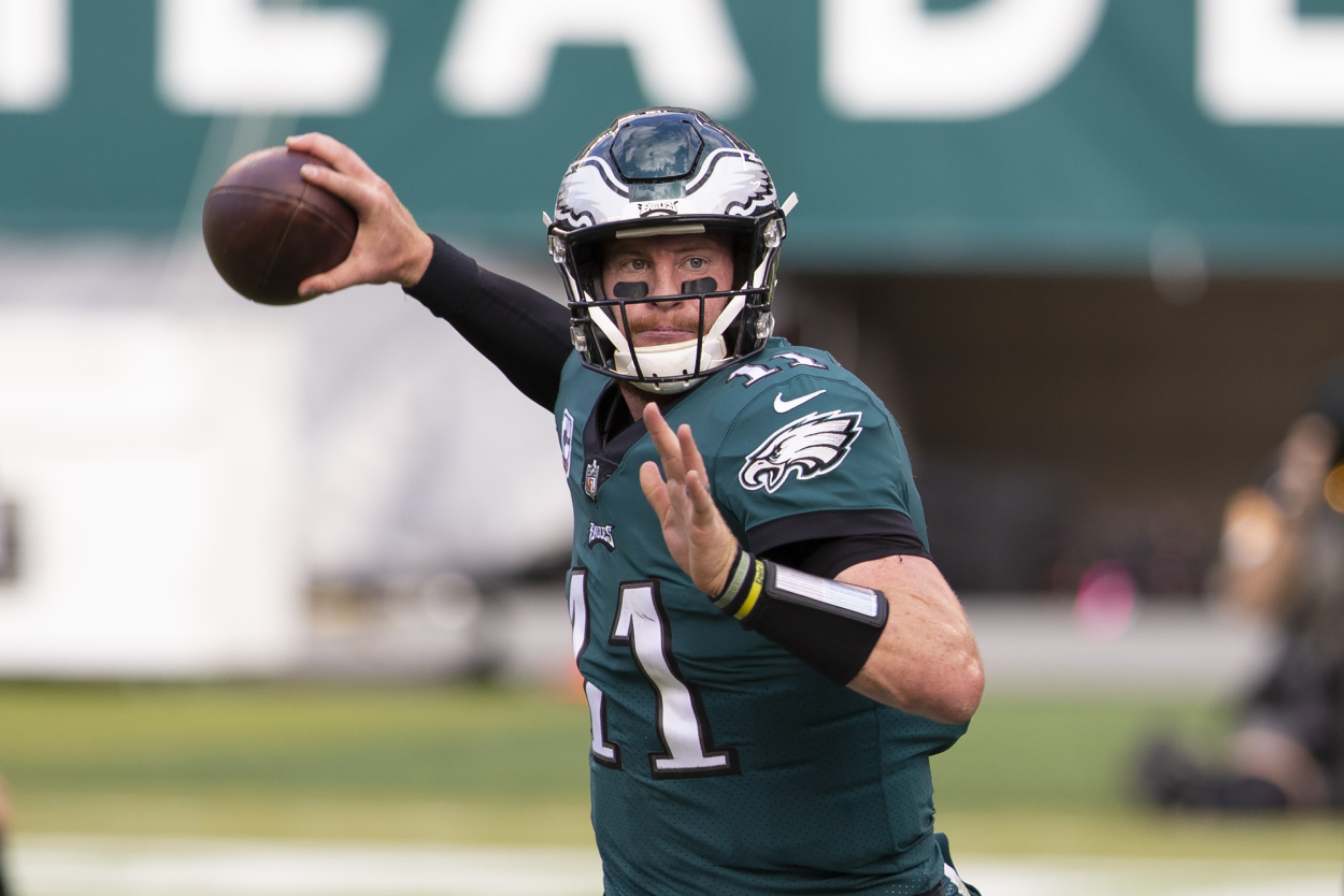 Eagles quarterback Carson Wentz throws a pass against the Ravens.
