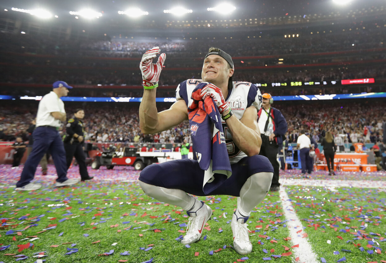 Former New England Patriots receiver Chris Hogan celebrates after winning Super Bowl 51 in February 2017.