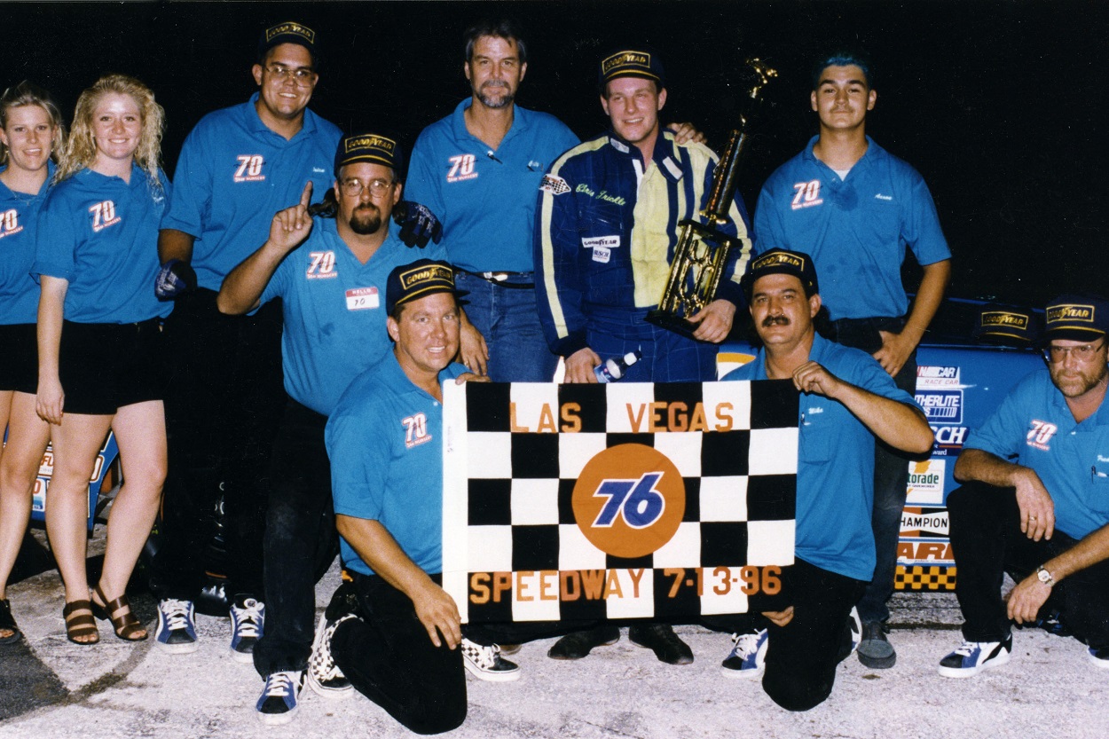 Chris Trickle and his team celebrating after a NASCAR Southwest Series win in 1996