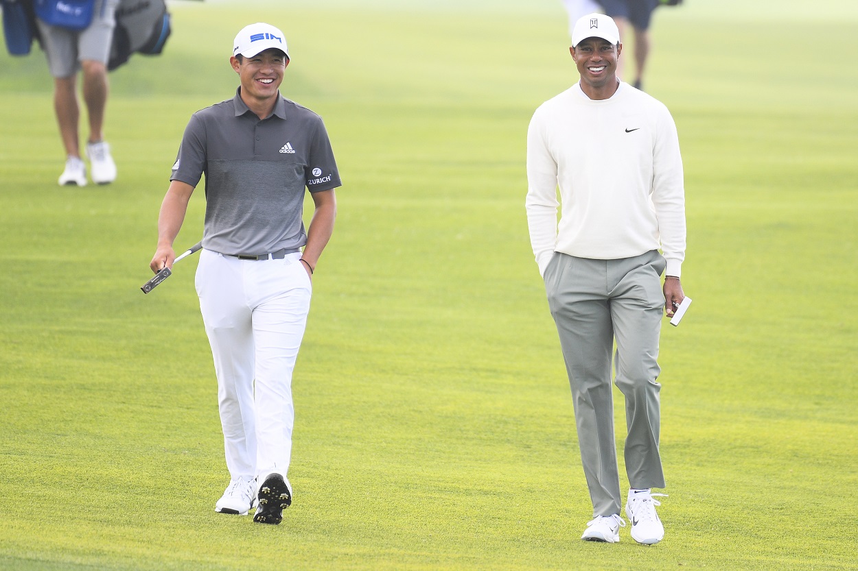Collin Morikawa and Tiger Woods at the 2020 PGA Tour Farmers Insurance Open