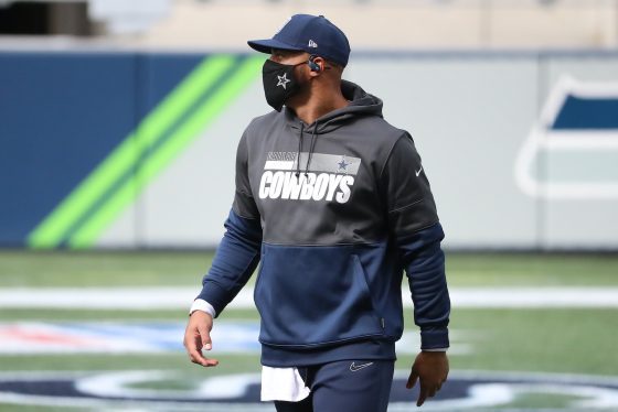 Dak Prescott warms up for the Dallas Cowboys before a game against the Seattle Seahawks