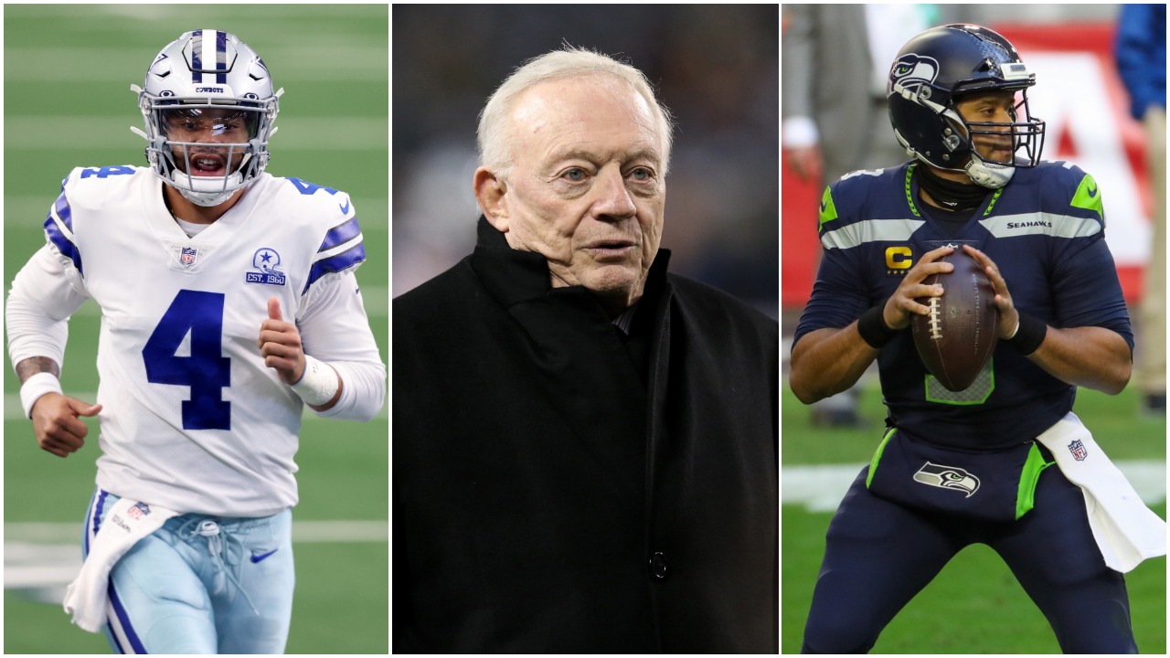 Dallas Cowboys quarterback Dak Prescott, Dallas Cowboys owner Jerry Jones, Seattle Seahawks quarterback Russell Wilson