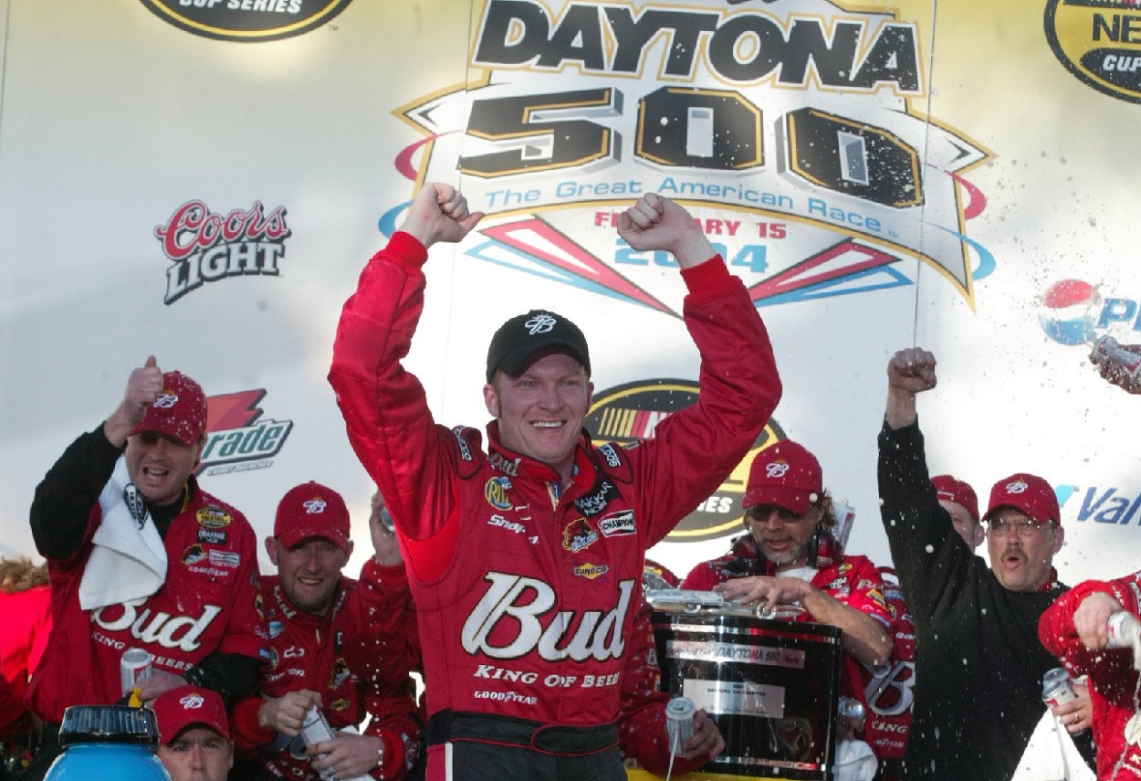 Dale Earnhardt Jr. celebrates his win at NASCAR's 2004 Daytona 500