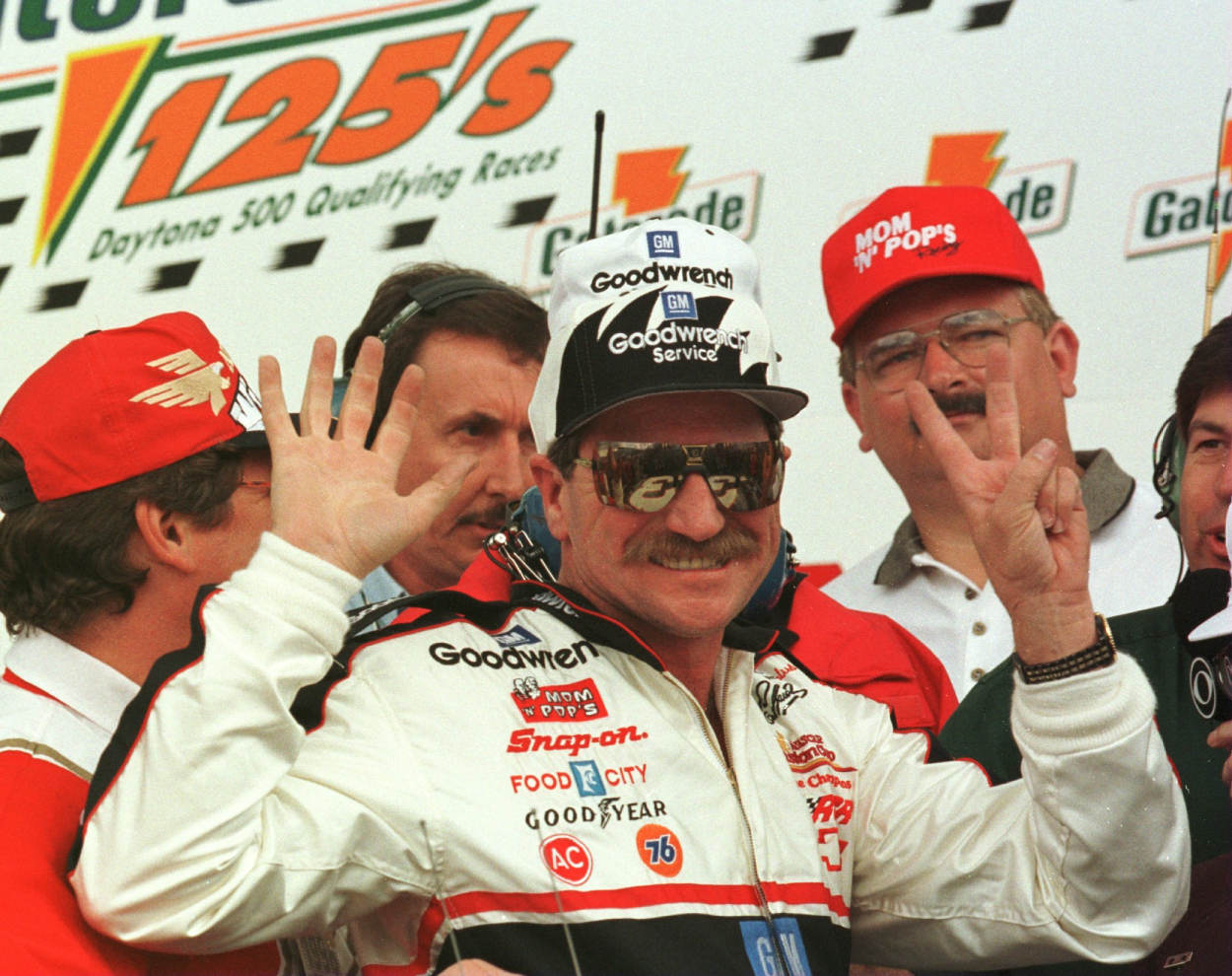 Dale Earnhardt celebrates at the Daytona International Speedway in 1996.