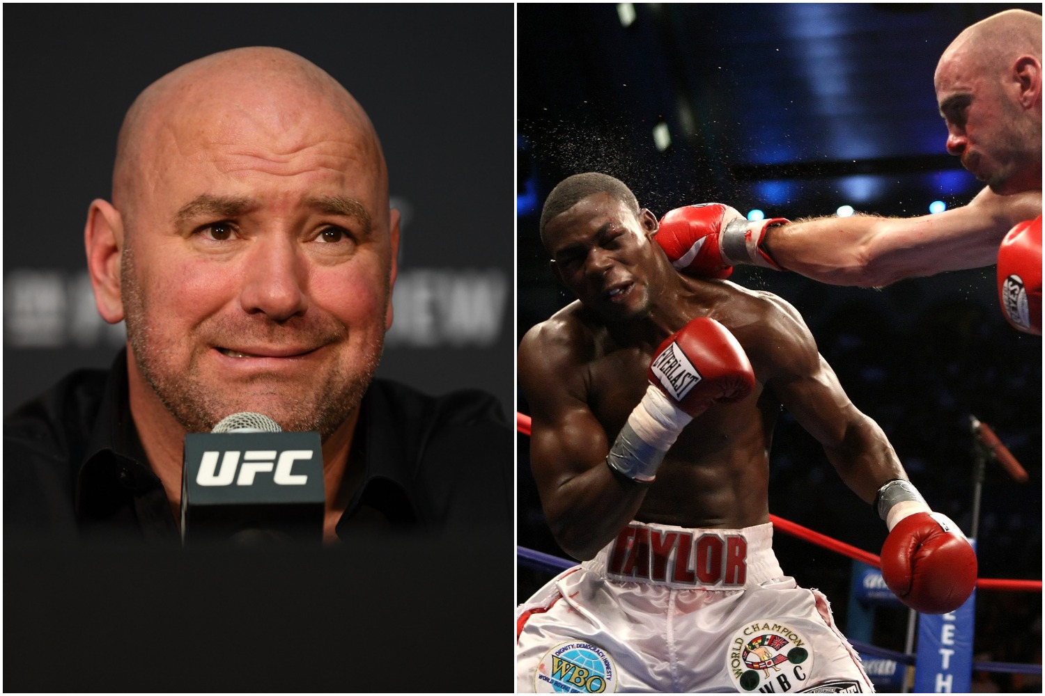 UFC president Dana White sits at the microphone as former boxing champion Jermain Taylor gets punched in the head in a fight against Kelly Pavlik.