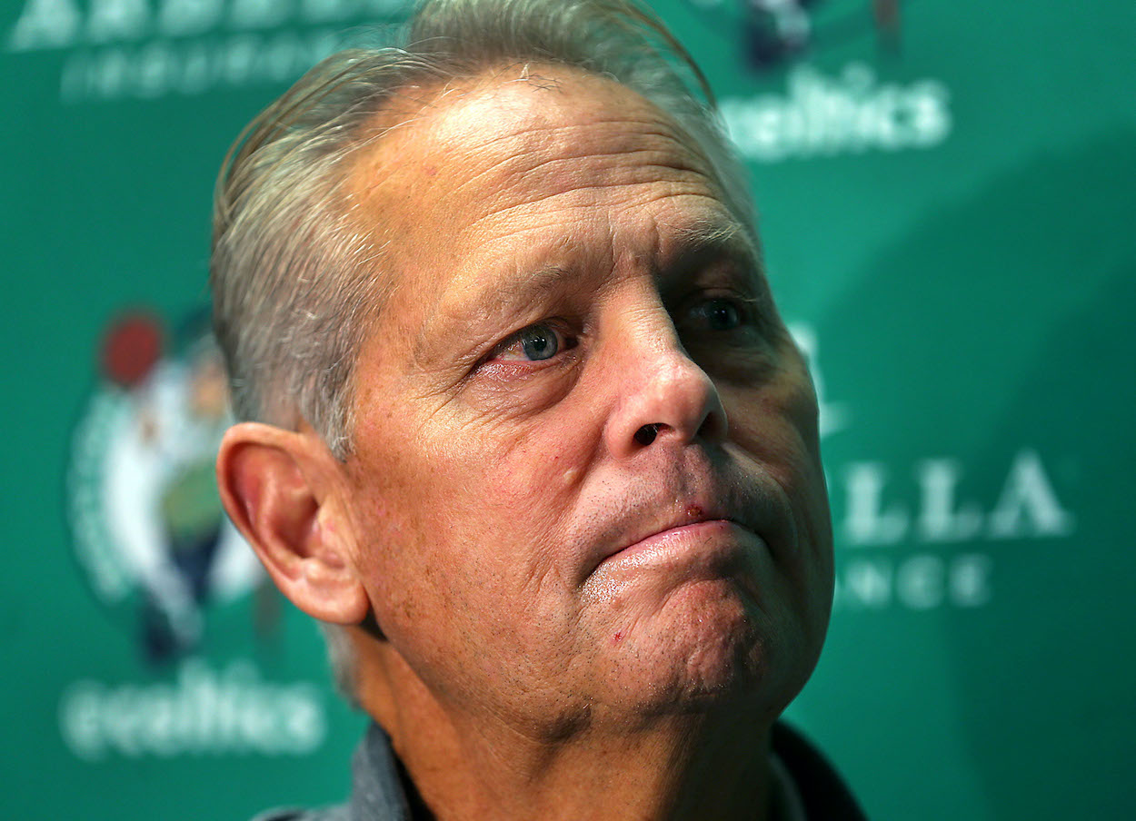 Boston Celtics general manager Danny Ainge answers questions at practice