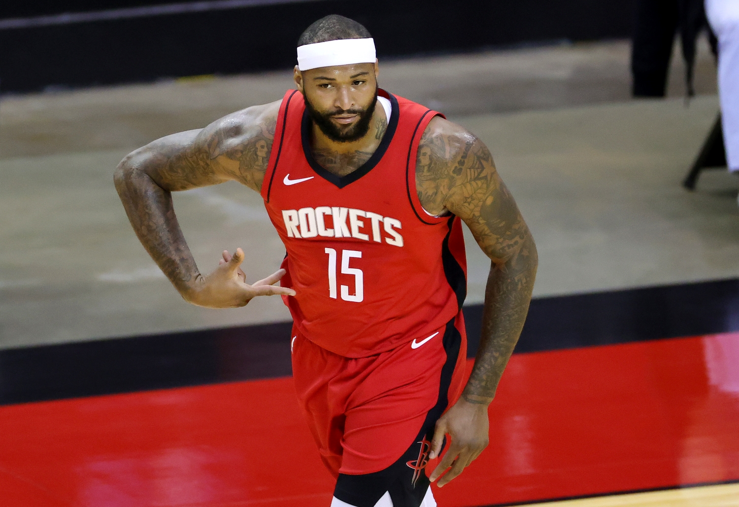DeMarcus Cousins of the Houston Rockets reacts during the first quarter of a game against the LA Lakers.