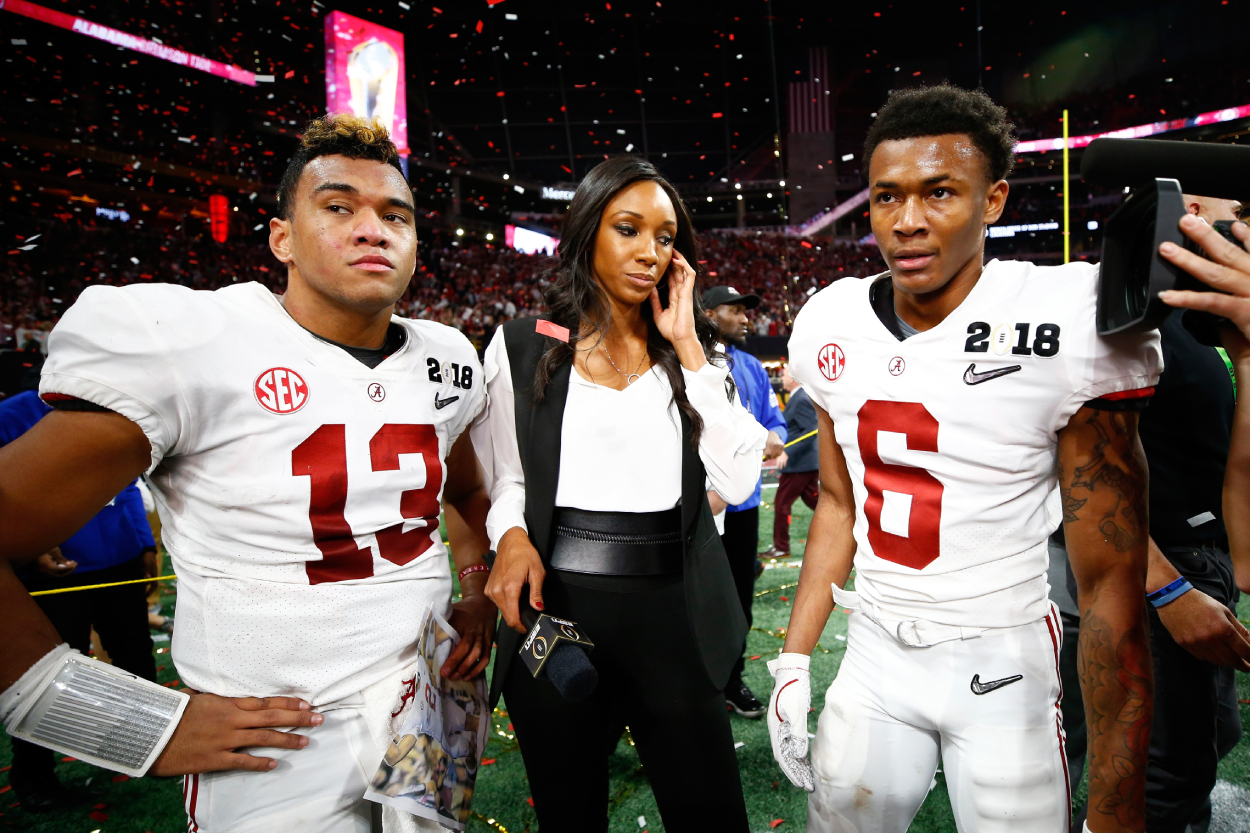 Tua Tagovailoa and DeVonta Smith, former Alabama teammates and possible future Dolphins teammates, after the 2017 national championship.