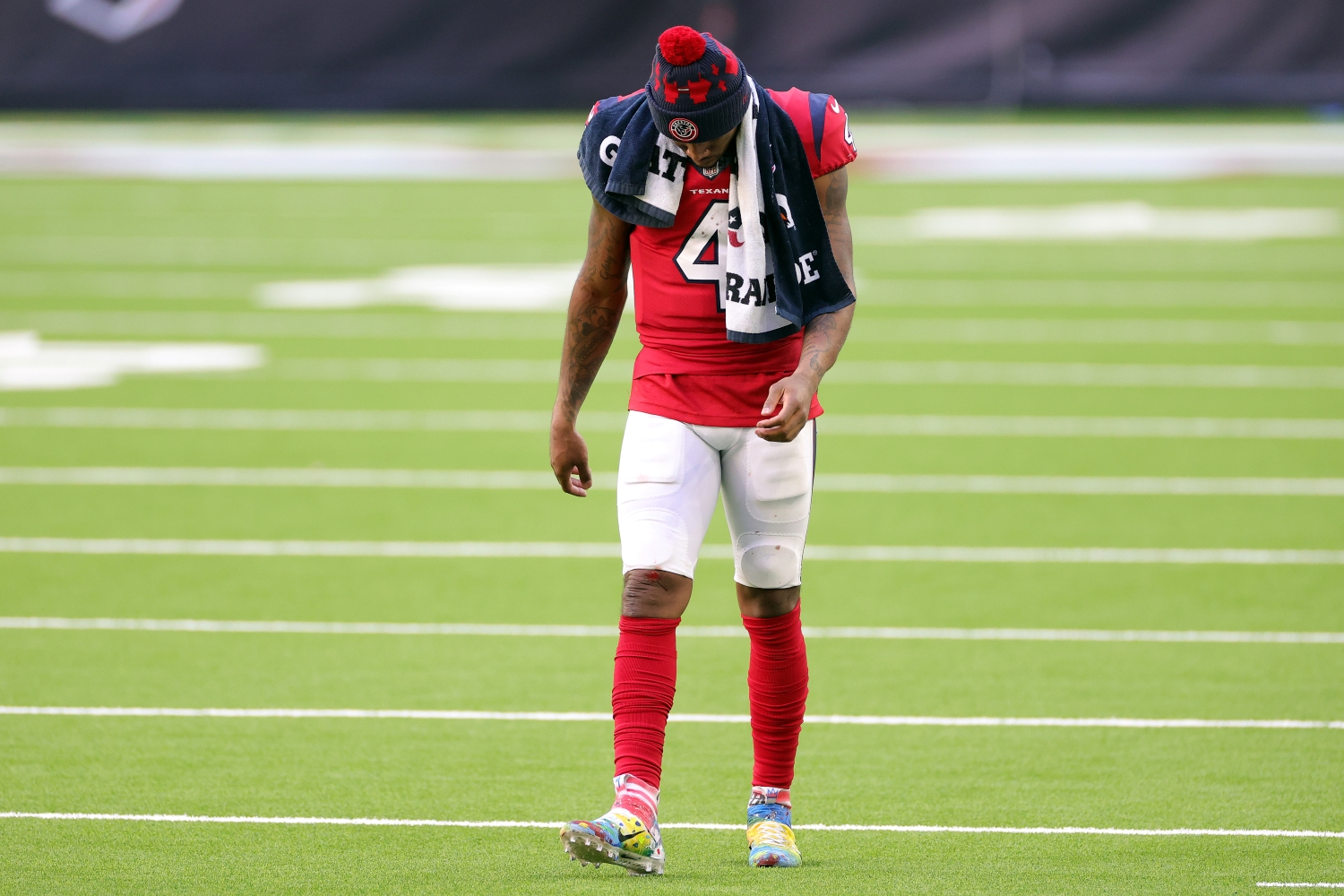 Deshaun Watson of the Houston Texans reacts after the teams 26-20 loss against the Indianapolis Colts at NRG Stadium.