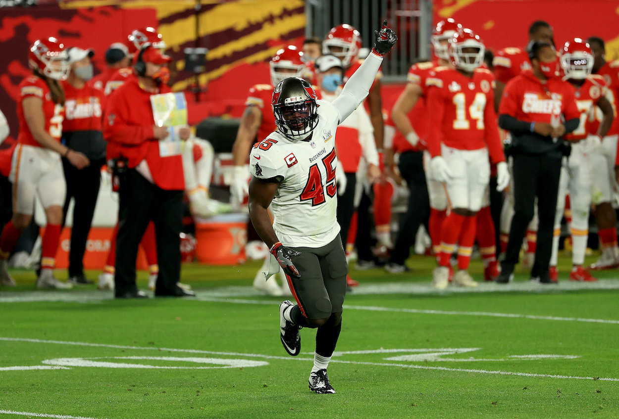 Devin White of the Tampa Bay Buccaneers celebrates against the Kansas City Chiefs in Super Bowl 55