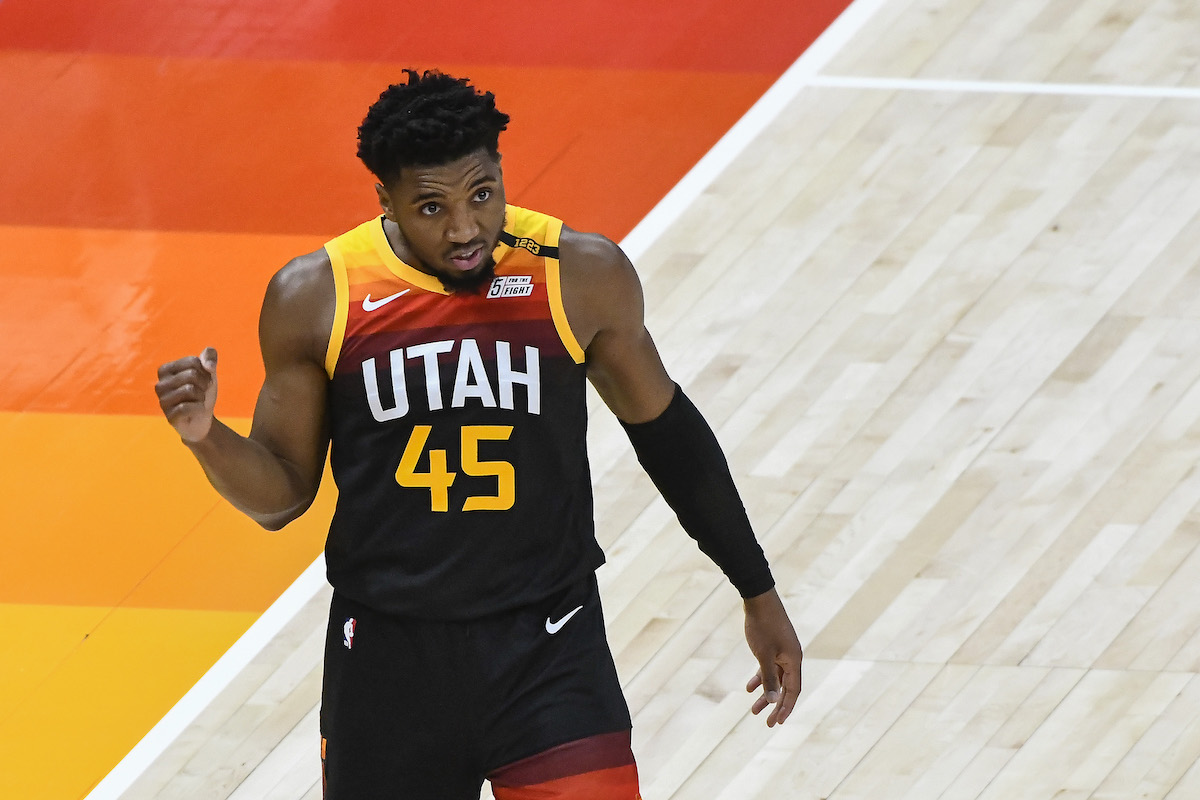 Donovan Mitchell of the Utah Jazz reacts to a call on the flooor