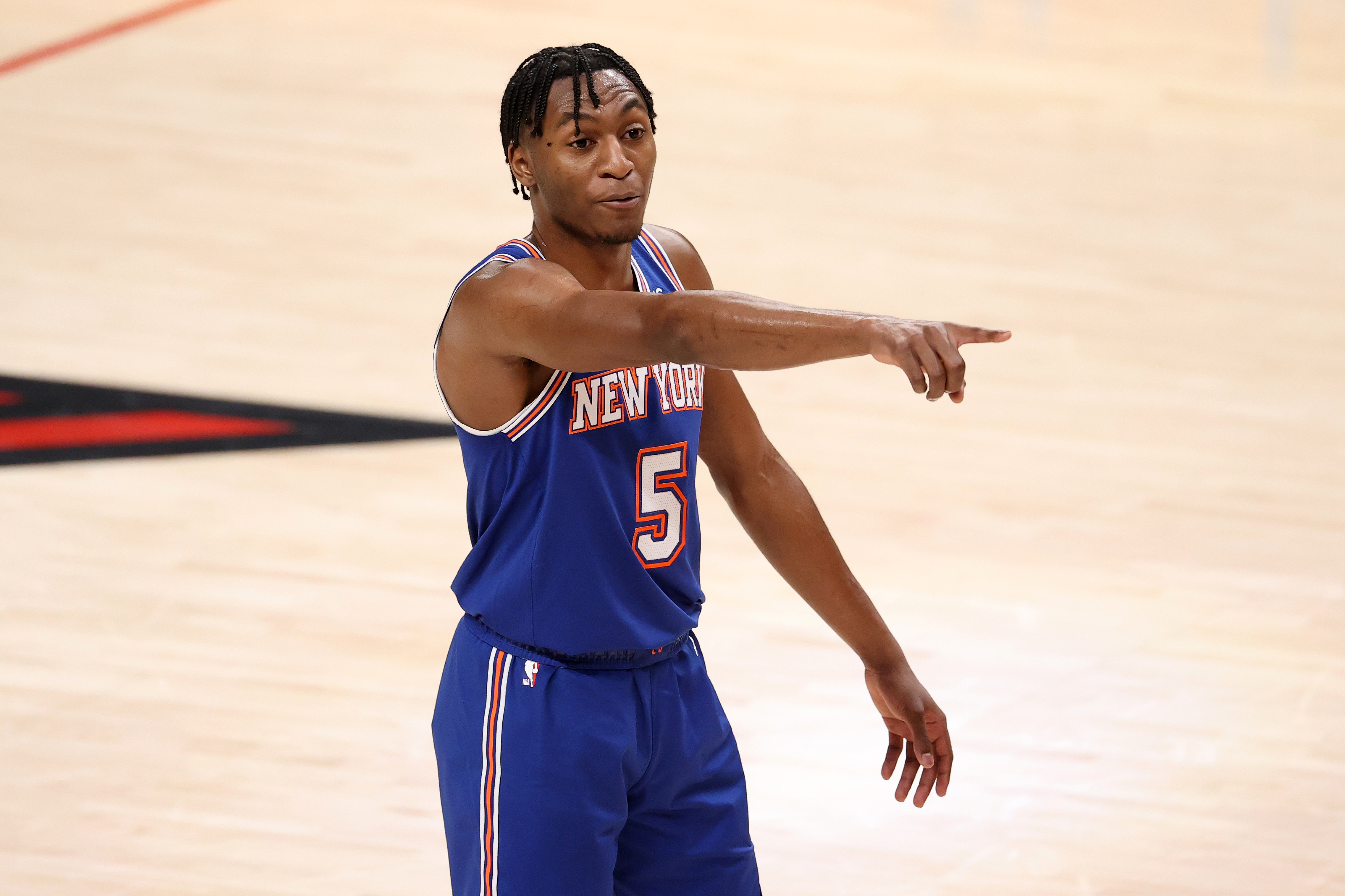 Immanuel Quickley of the New York Knicks reacts in the fourth quarter