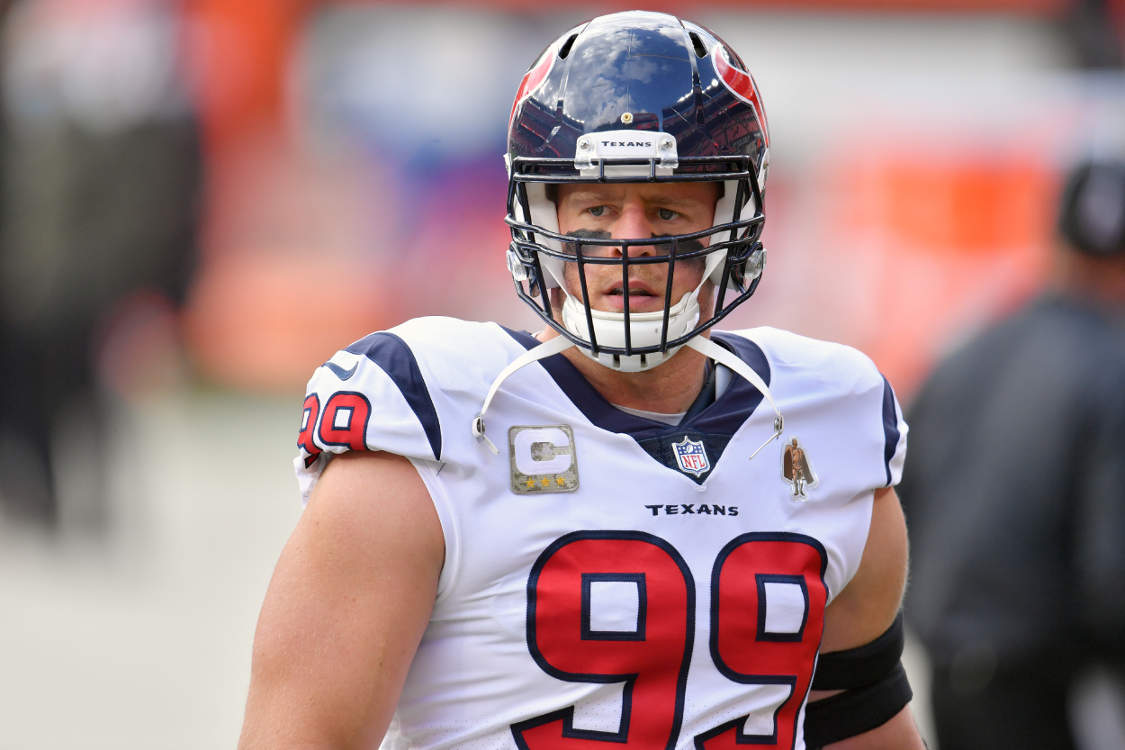Houston Texans defensive end J.J. Watt warms up against the Cleveland Browns.