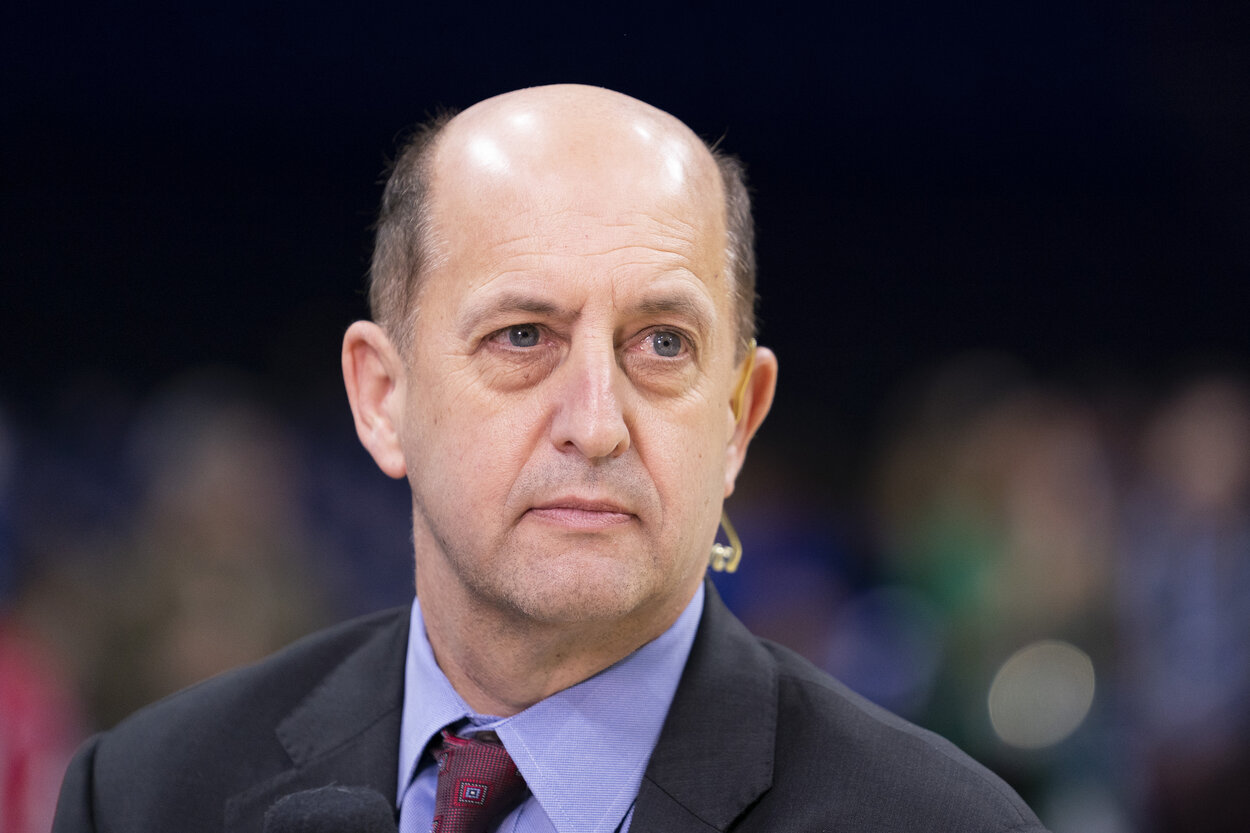 PHILADELPHIA, PA - DECEMBER 18: ESPN analyst Jeff Van Gundy looks on prior to the game between the Miami Heat and Philadelphia 76ers at the Wells Fargo Center on December 18, 2019 in Philadelphia, Pennsylvania. NOTE TO USER: User expressly acknowledges and agrees that, by downloading and/or using this photograph, user is consenting to the terms and conditions of the Getty Images License Agreement. (Photo by Mitchell Leff/Getty Images)