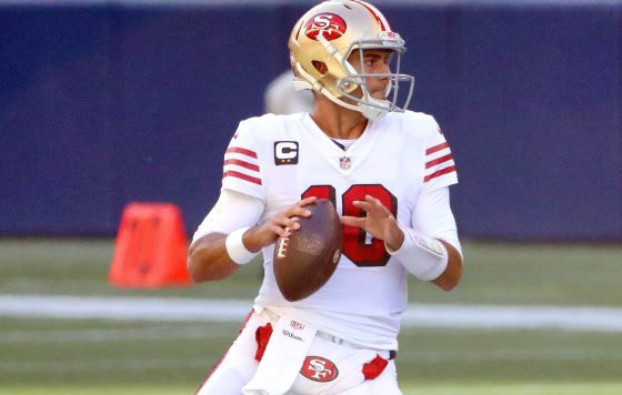 Jimmy Garoppolo of the San Francisco 49ers looks to throw the ball during a 2020 NFL game.