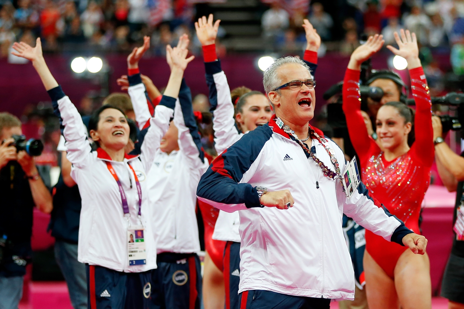 United States women's gymnastics coach John Geddert celebrates at the London 2012 Olympic Games.