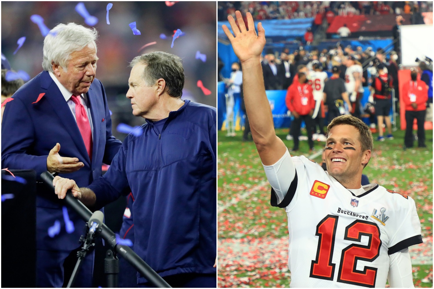 Patriots owner Robert Kraft talks to Bill Belichick after Super Bowl 51 as Tom Brady celebrates winning Super Bowl 55 with the Buccaneers.