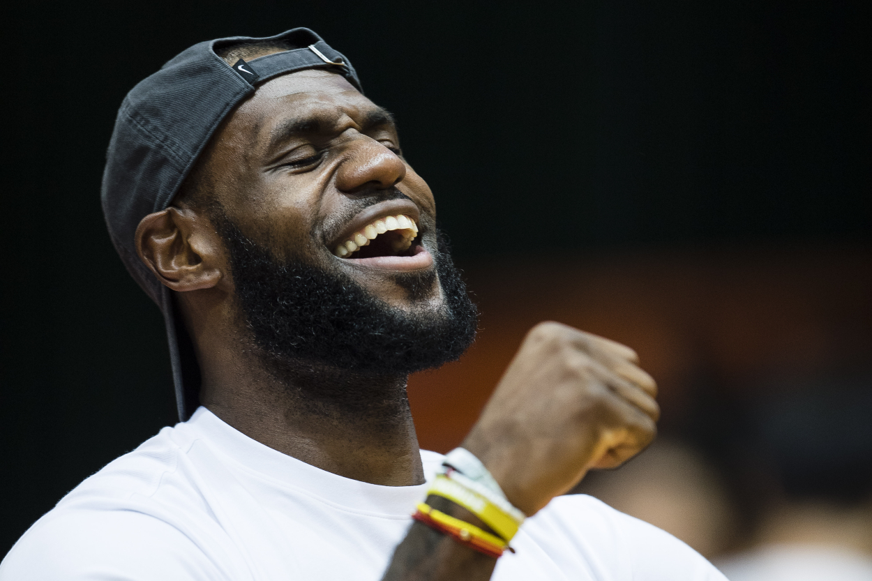 NBA superstar LeBron James posing for photos in Hong Kong.