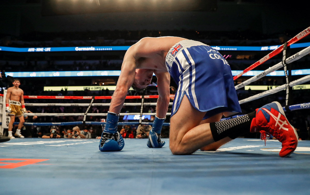 Boxer Luke Campbell falls to the ground after losing to Ryan Garcia