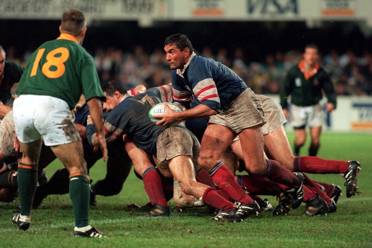 Marc Cecillon of France attacking with the ball in hand as France takes on South Africa in the Rugby World Cup.