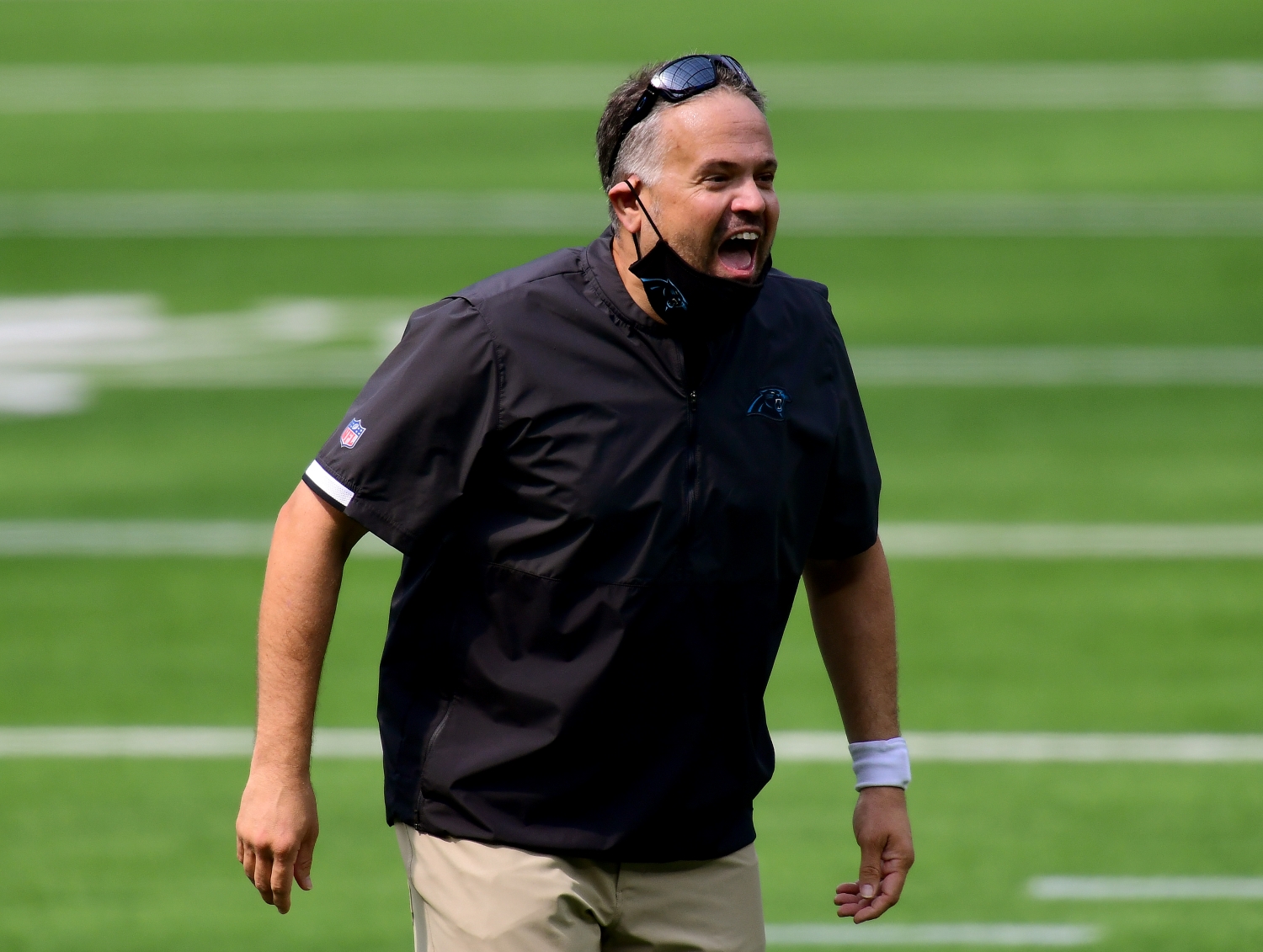 Head coach Matt Rhule of the Carolina Panthers yells to his team during warm up before the game against the LA Chargers.