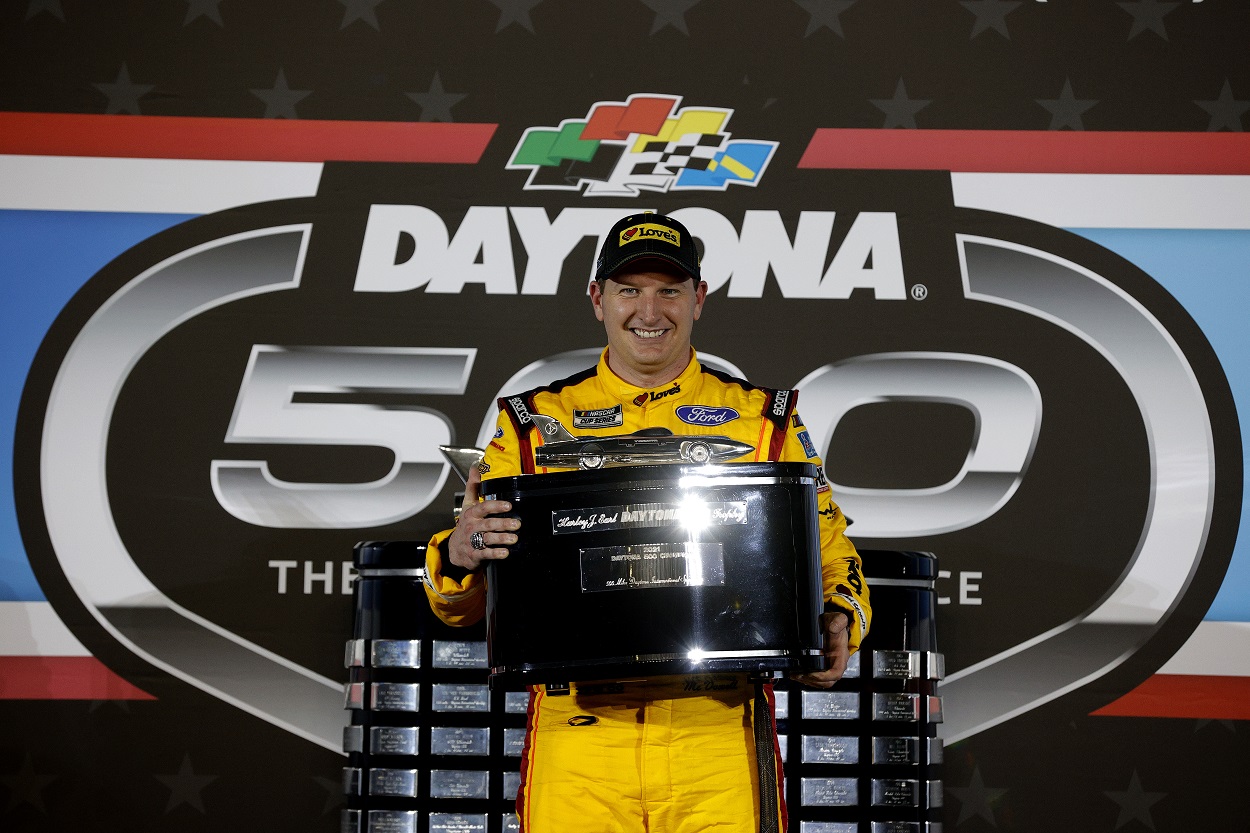 NASCAR driver Michael McDowell celebrates after winning the 2021 Daytona 500