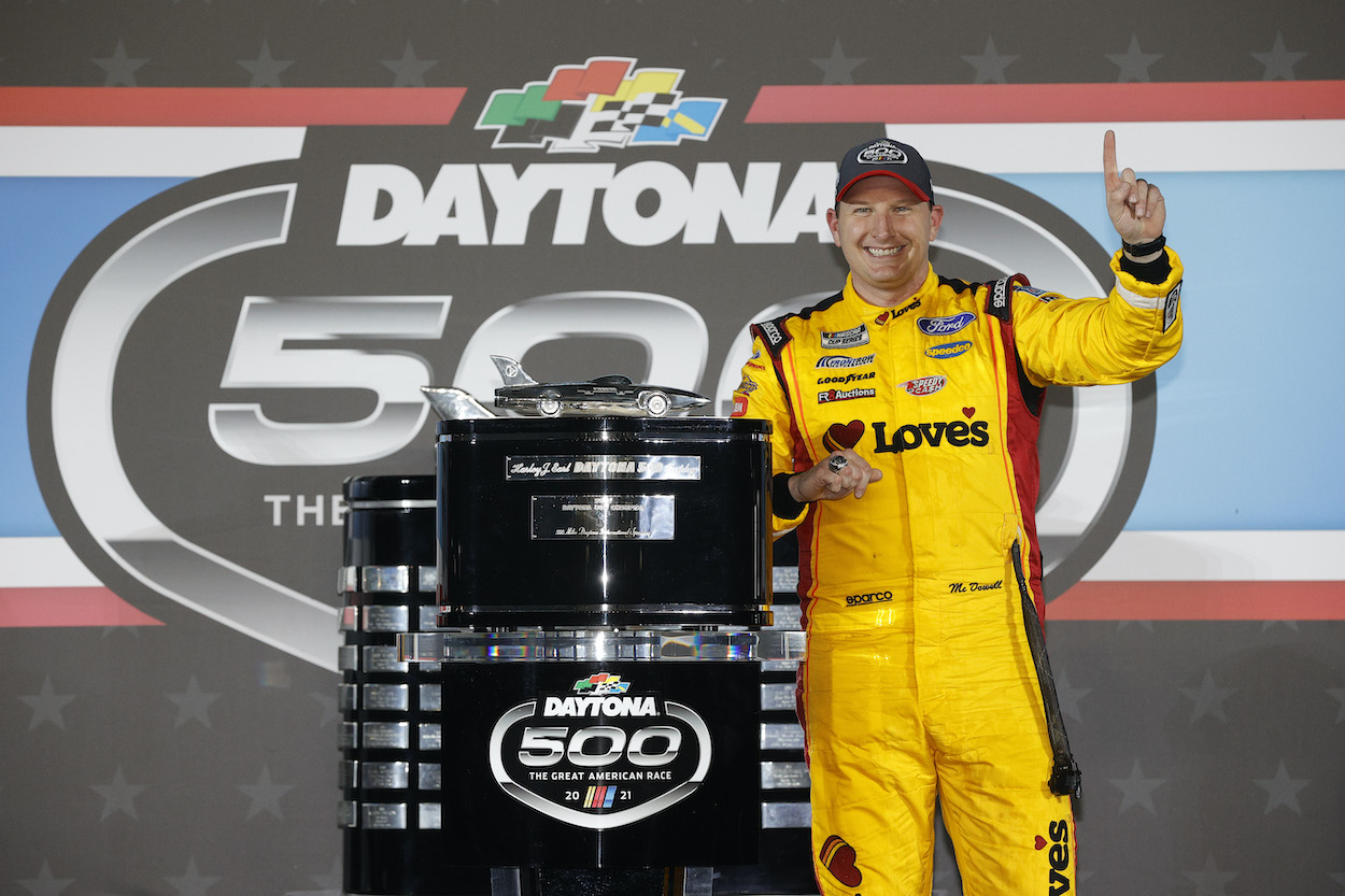 NASCAR driver Michael McDowell poses after winning the 63rd annual Daytona 500