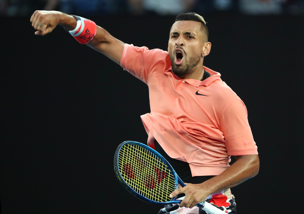 Nick Kyrgios celebrates at the the 2020 Australian Open.