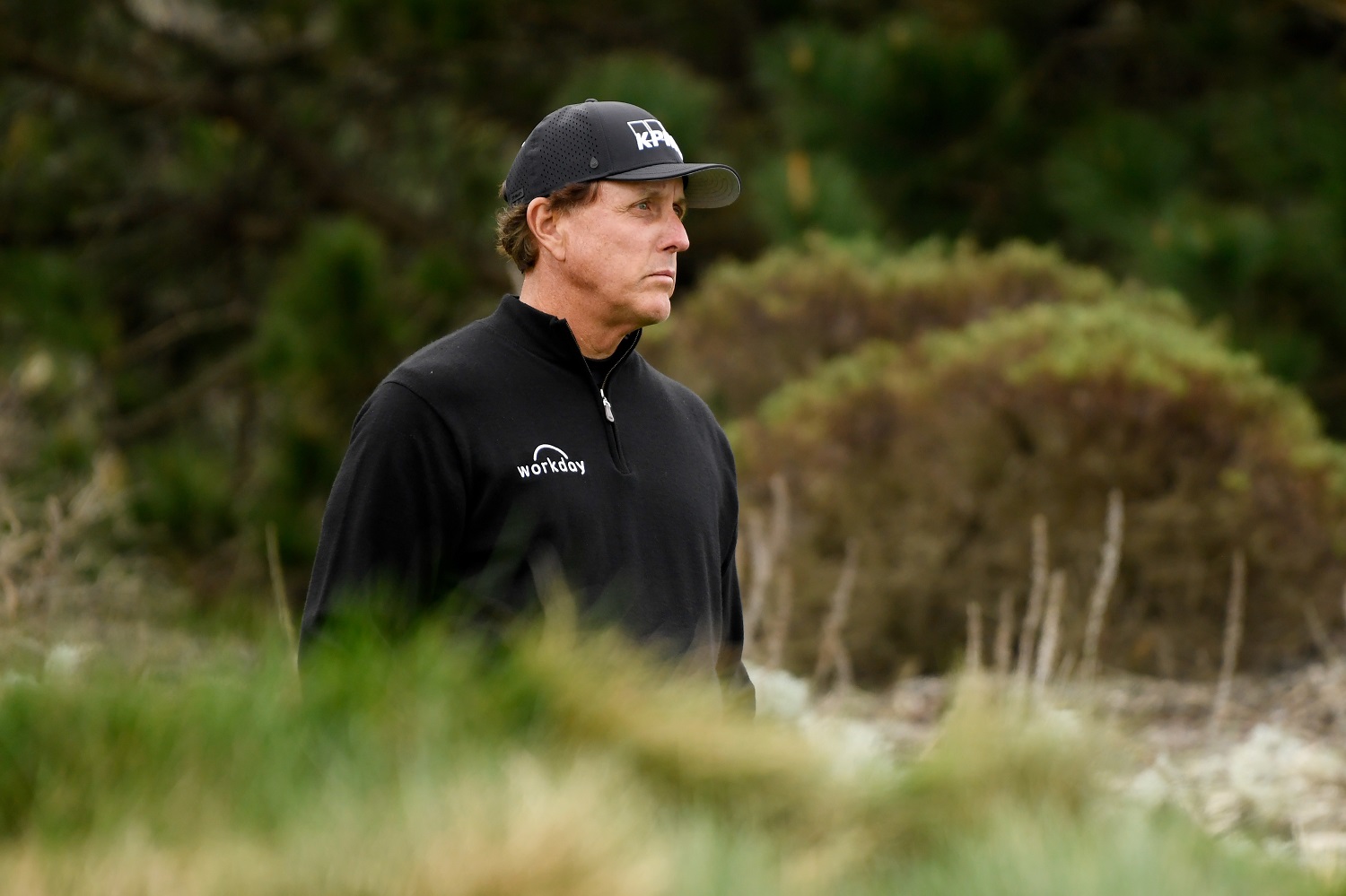 Phil Mickelson looks on from the third tee during the AT&T Pebble Beach Pro-Am at Spyglass Hill Golf Course.